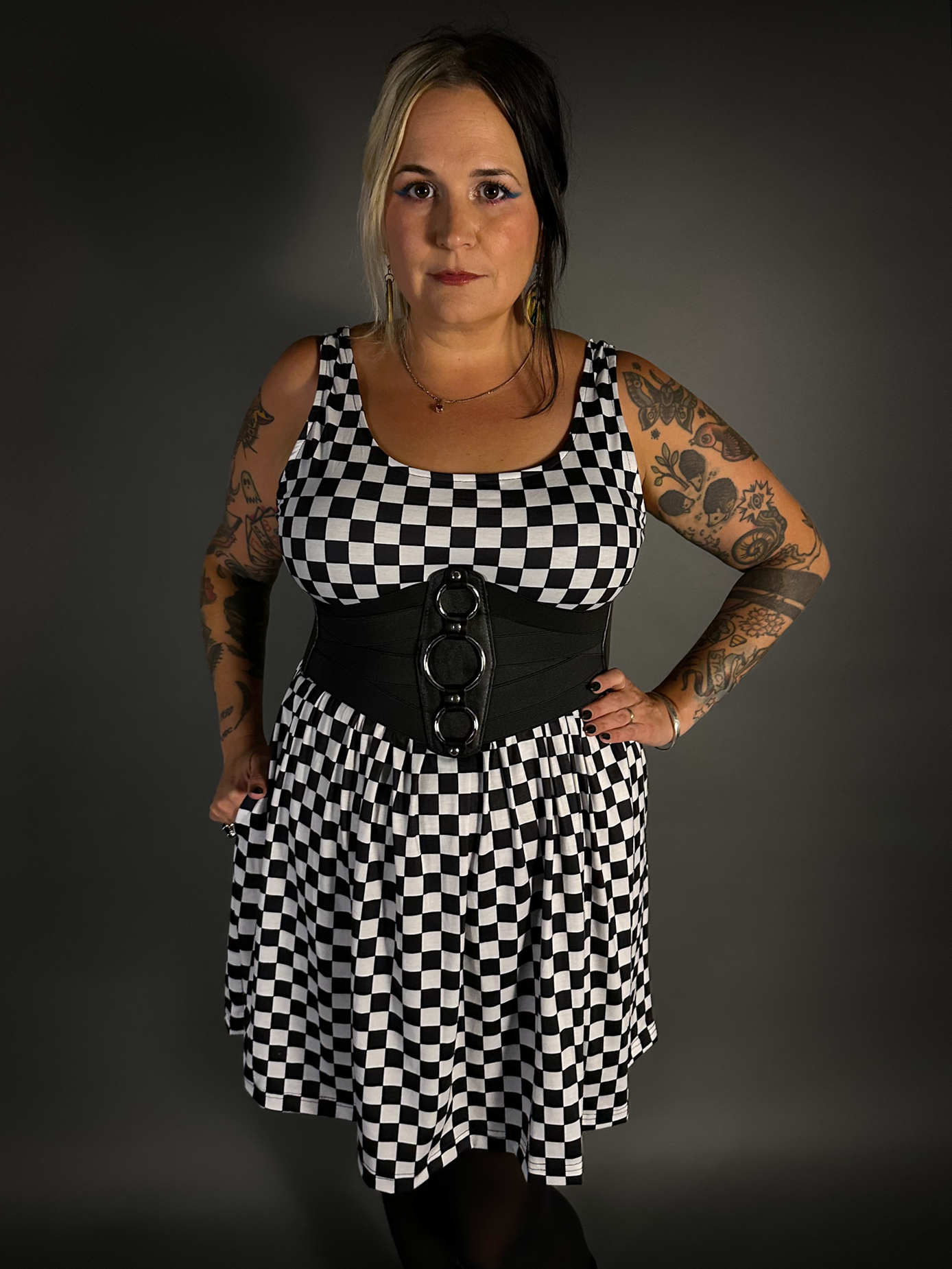 Outfit Set - Tommyrot Checkered Skater Dress & Three O-ring Front Detail Corset Belt