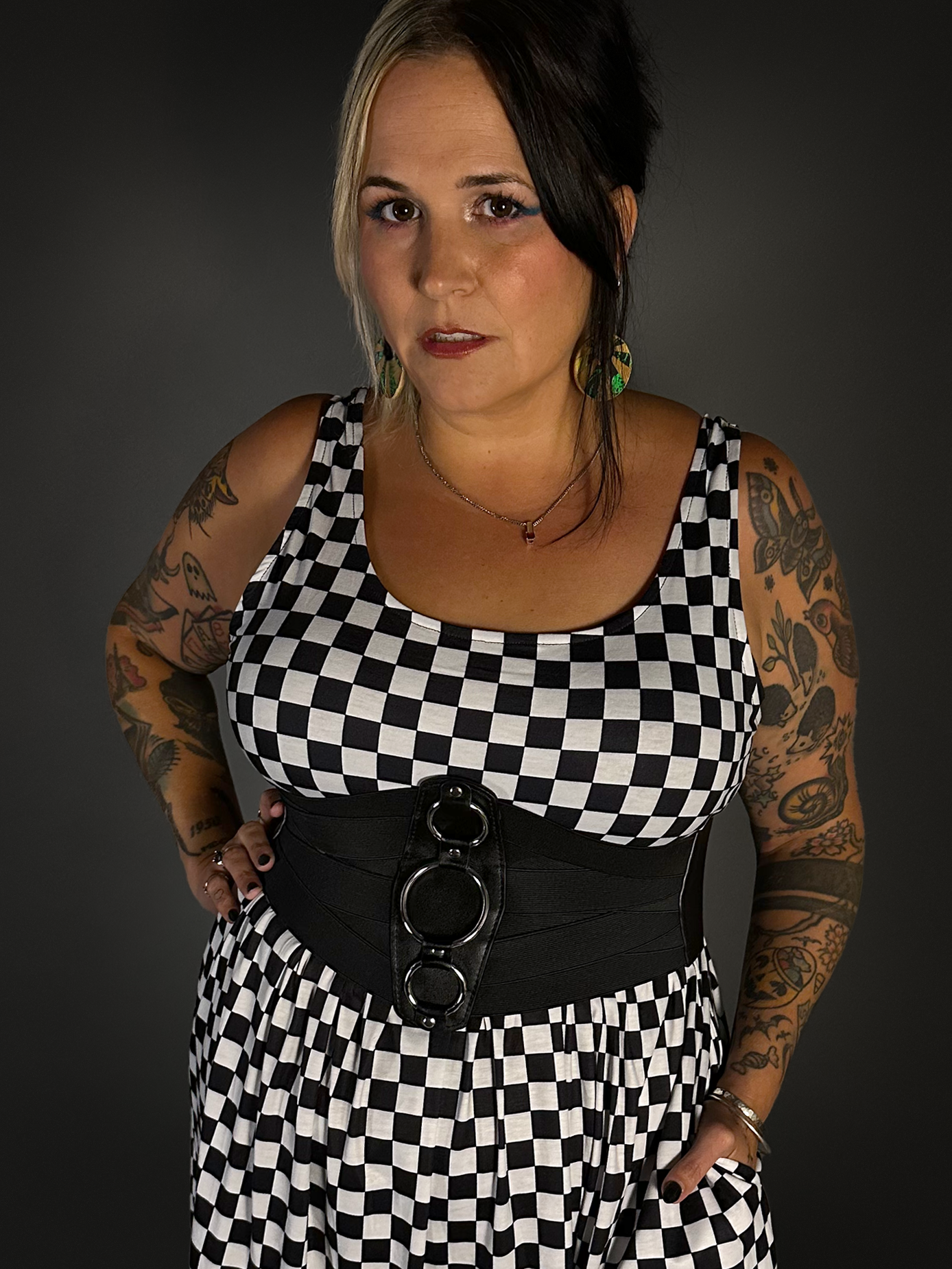 Outfit Set - Tommyrot Checkered Skater Dress & Three O-ring Front Detail Corset Belt