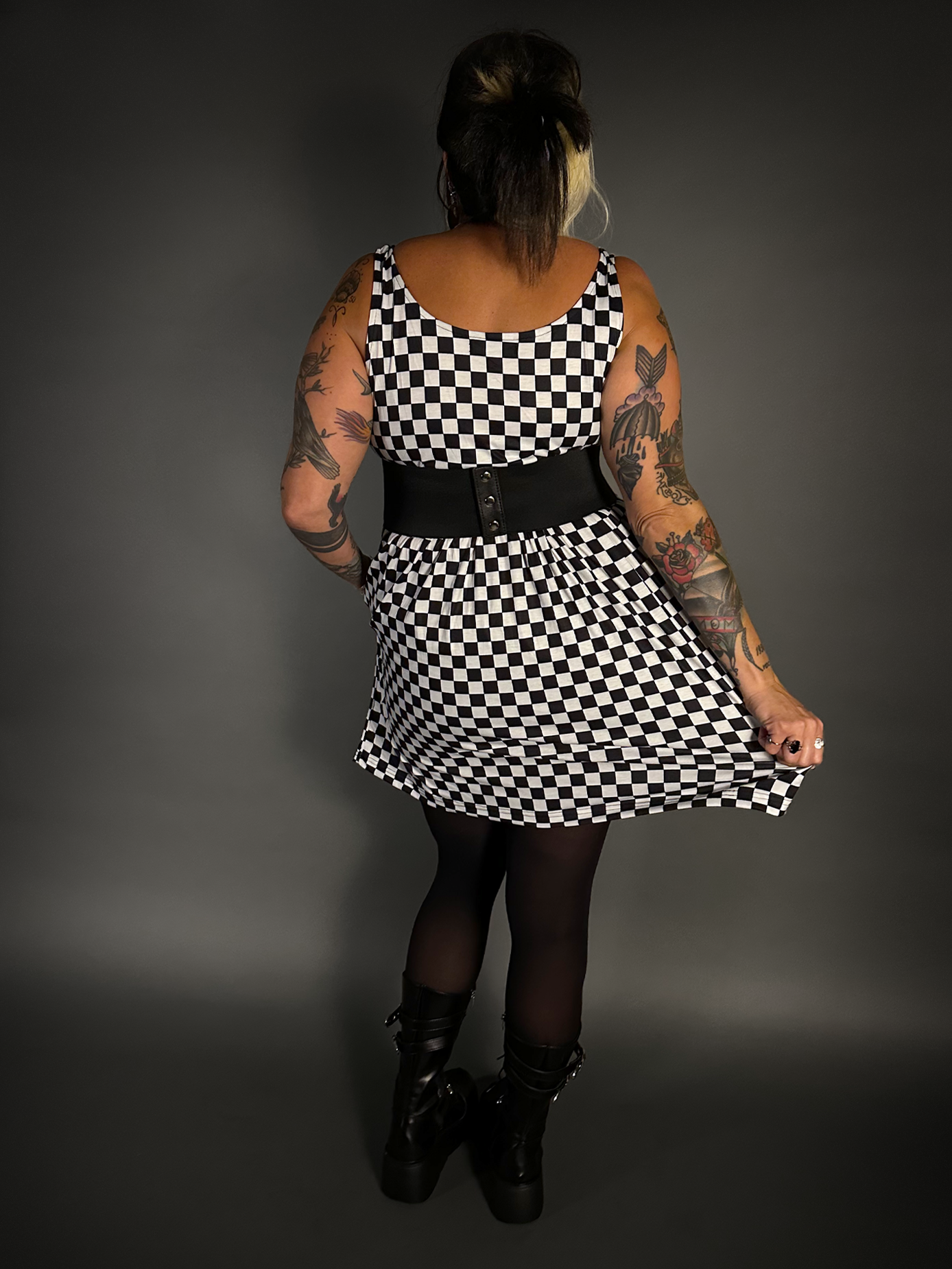 Outfit Set - Tommyrot Checkered Skater Dress & Three O-ring Front Detail Corset Belt