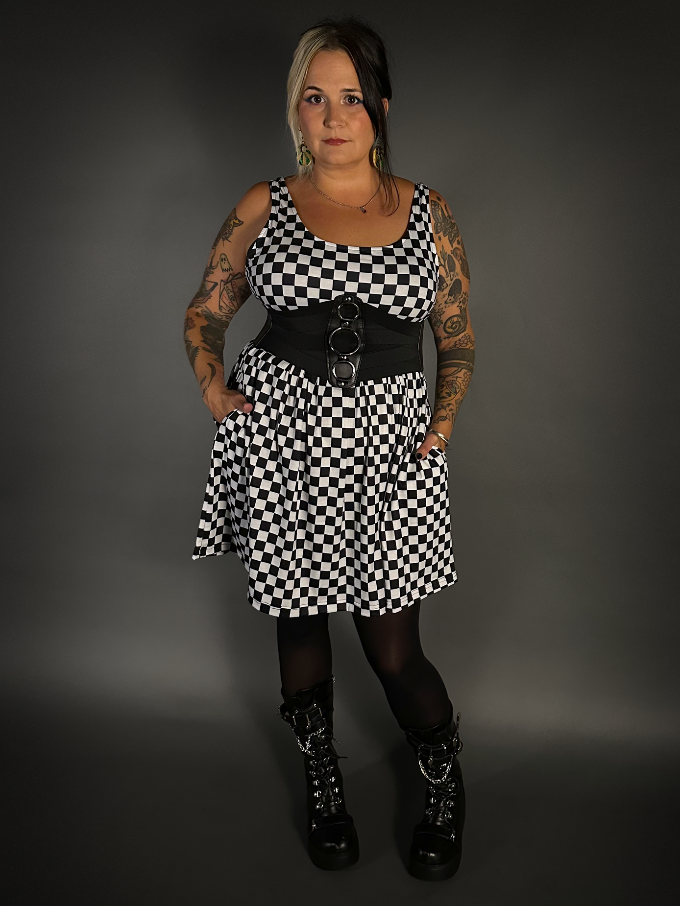 Outfit Set - Tommyrot Checkered Skater Dress & Three O-ring Front Detail Corset Belt