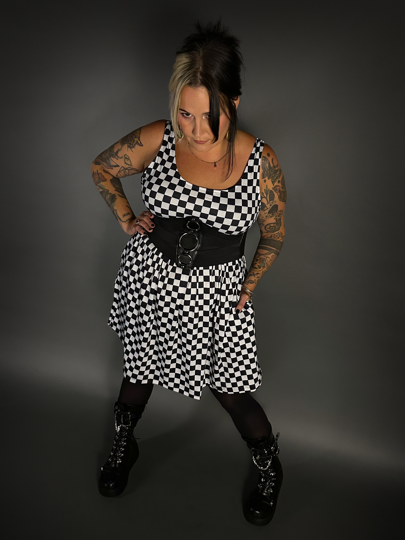 Outfit Set - Tommyrot Checkered Skater Dress & Three O-ring Front Detail Corset Belt