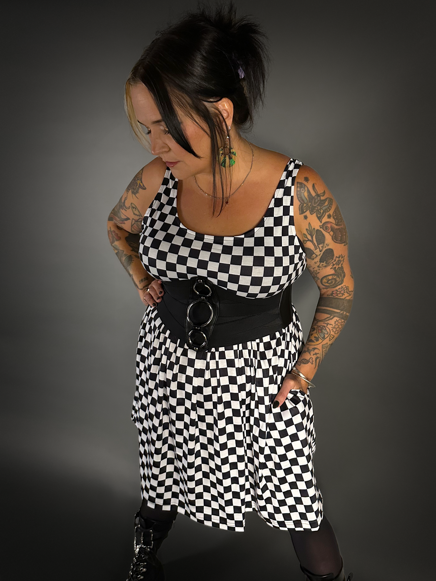 Outfit Set - Tommyrot Checkered Skater Dress & Three O-ring Front Detail Corset Belt