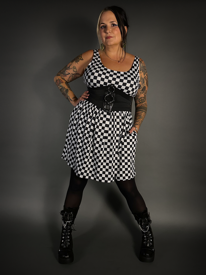 Outfit Set - Tommyrot Checkered Skater Dress & Three O-ring Front Detail Corset Belt