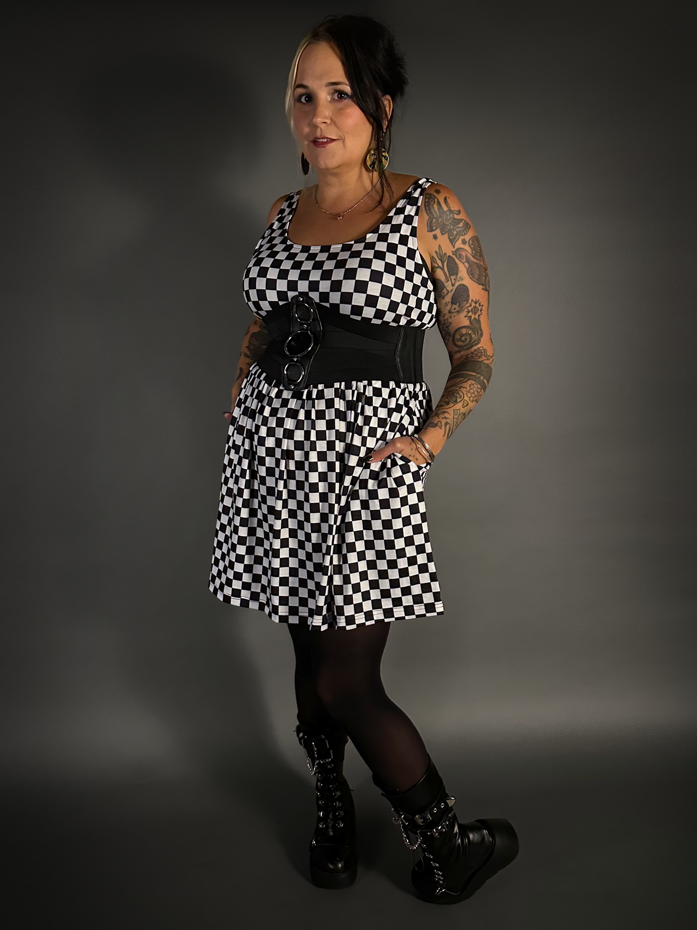 Outfit Set - Tommyrot Checkered Skater Dress & Three O-ring Front Detail Corset Belt