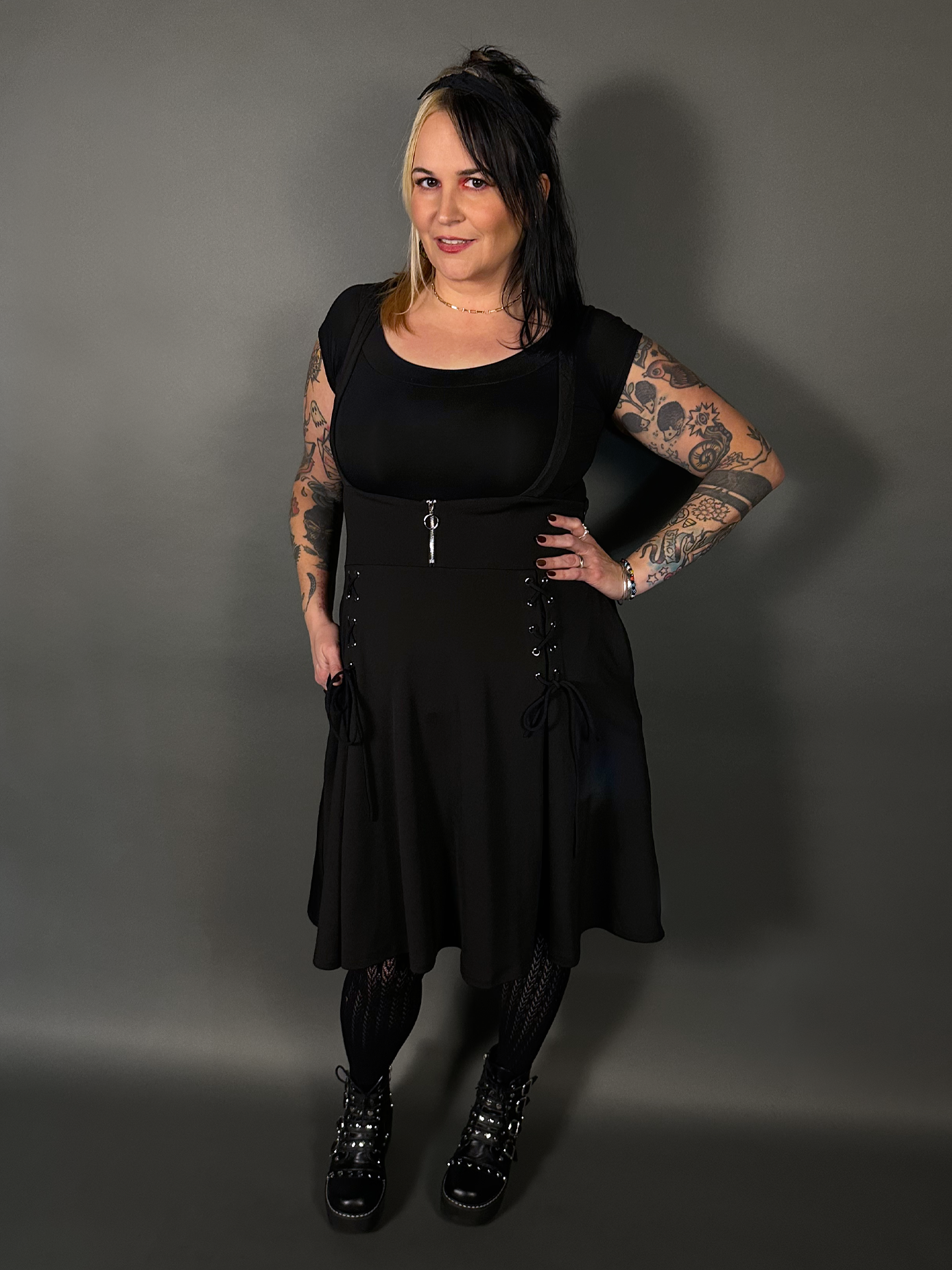 Outfit Set - Tommyrot High Waist Skirt with Shoulder Straps & Black Boat Neck Top by Retrolicious