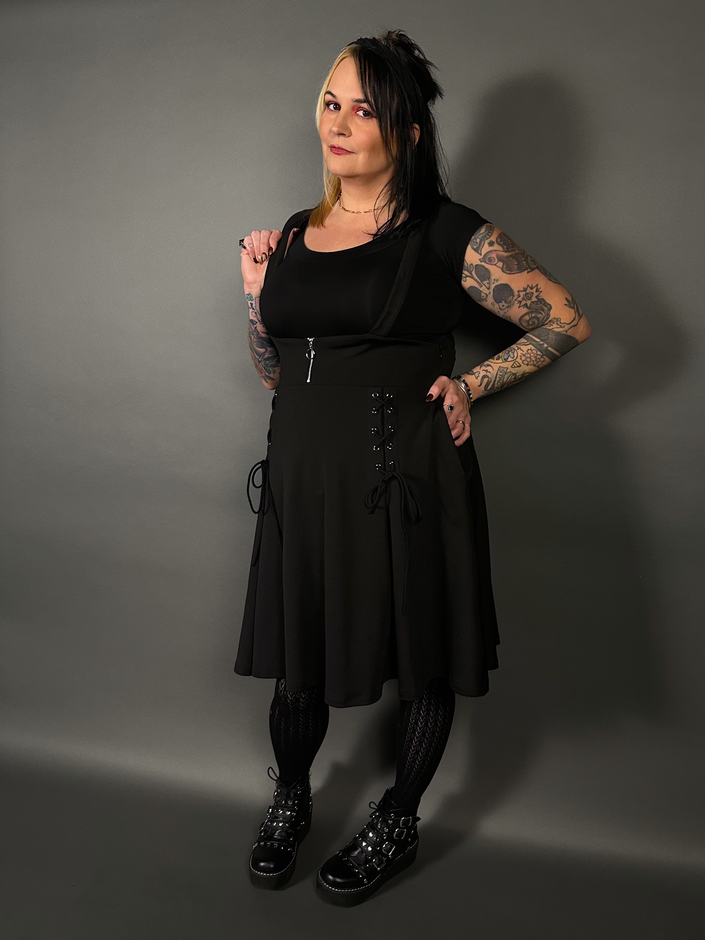 Outfit Set - Tommyrot High Waist Skirt with Shoulder Straps & Black Boat Neck Top by Retrolicious