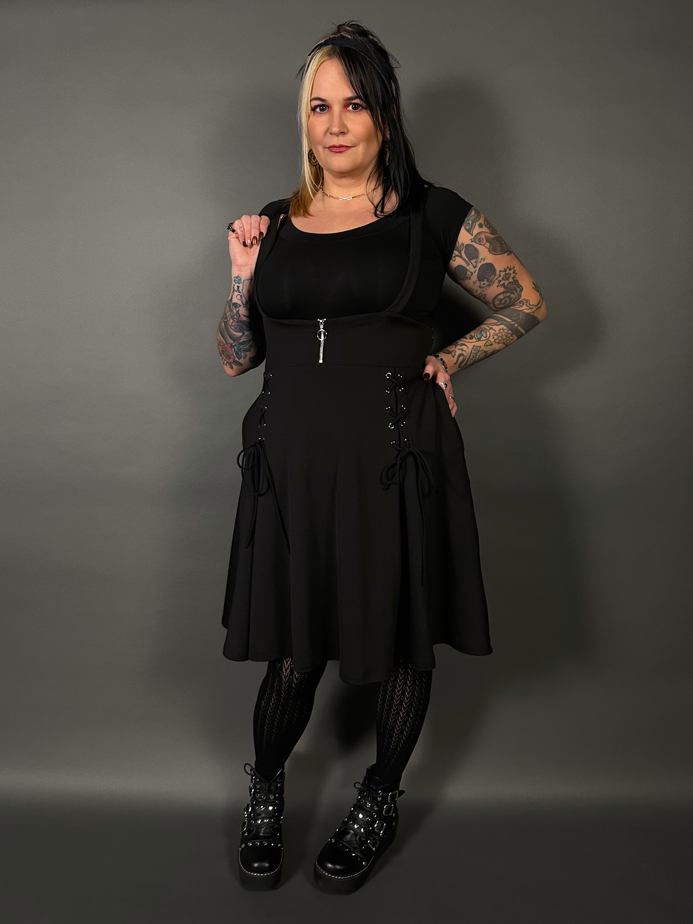 Outfit Set - Tommyrot High Waist Skirt with Shoulder Straps & Black Boat Neck Top by Retrolicious