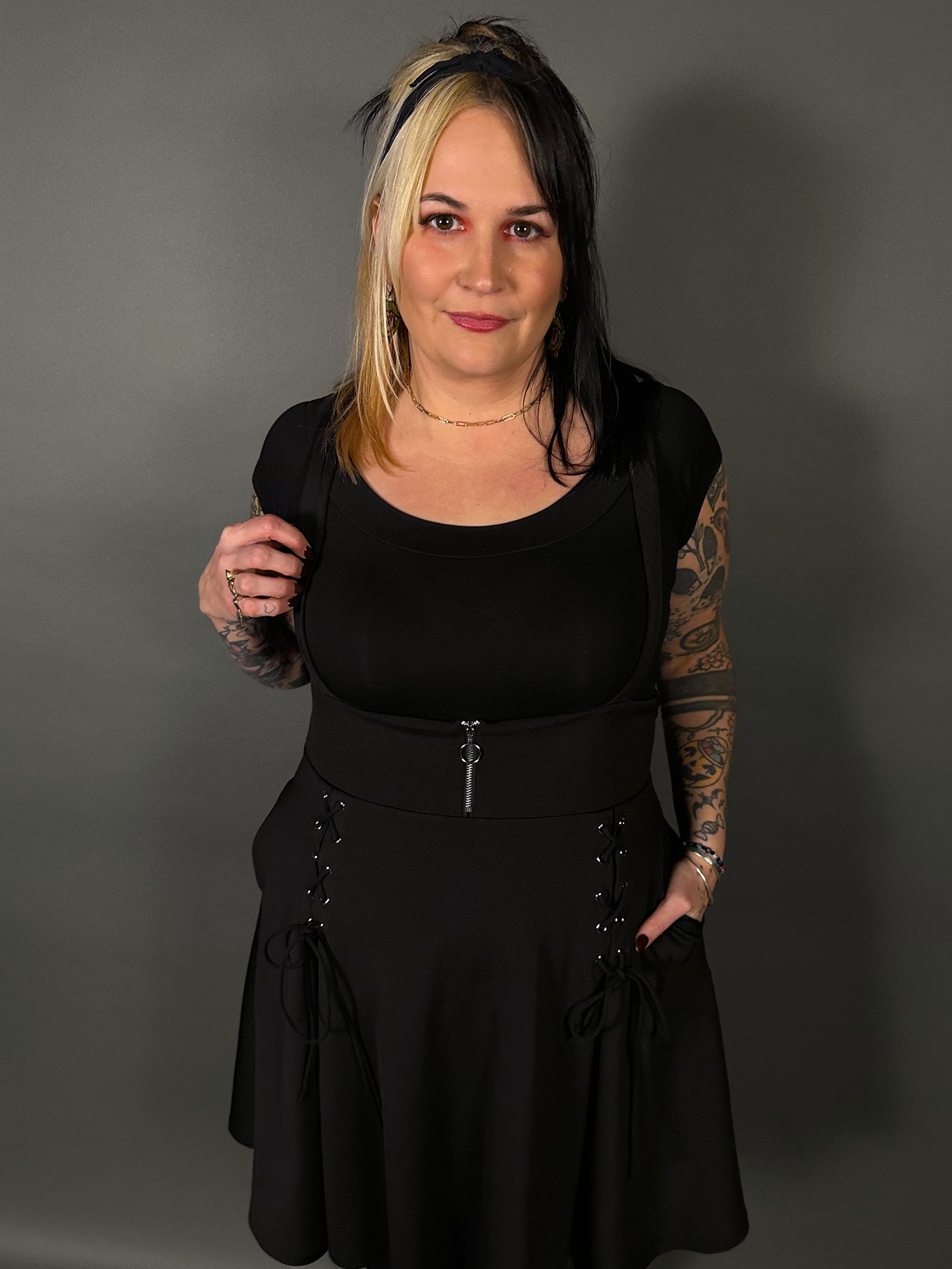 Outfit Set - Tommyrot High Waist Skirt with Shoulder Straps & Black Boat Neck Top by Retrolicious