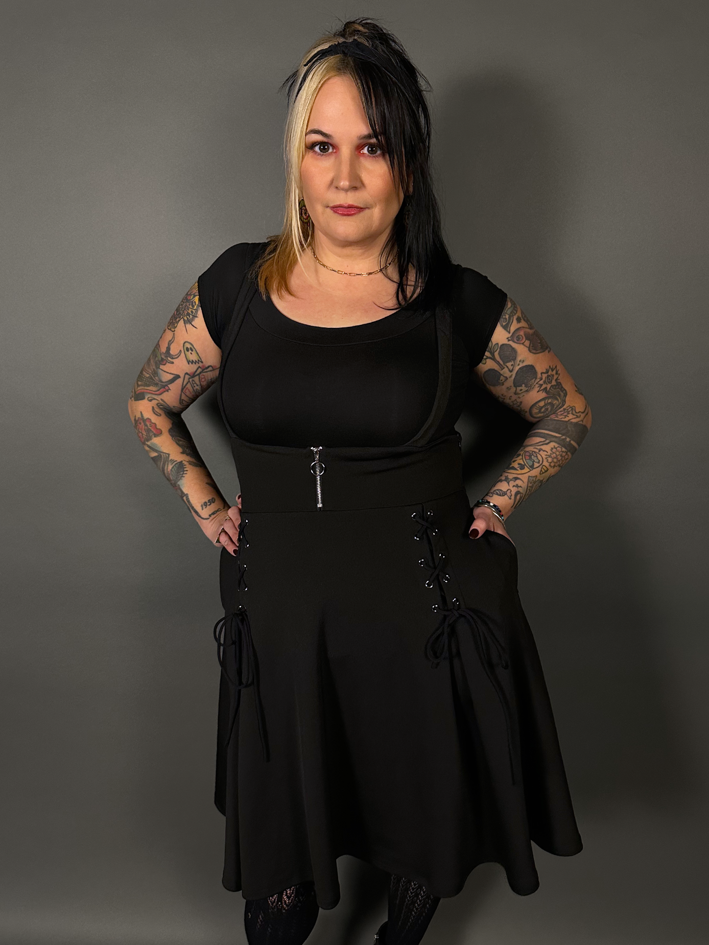 Outfit Set - Tommyrot High Waist Skirt with Shoulder Straps & Black Boat Neck Top by Retrolicious