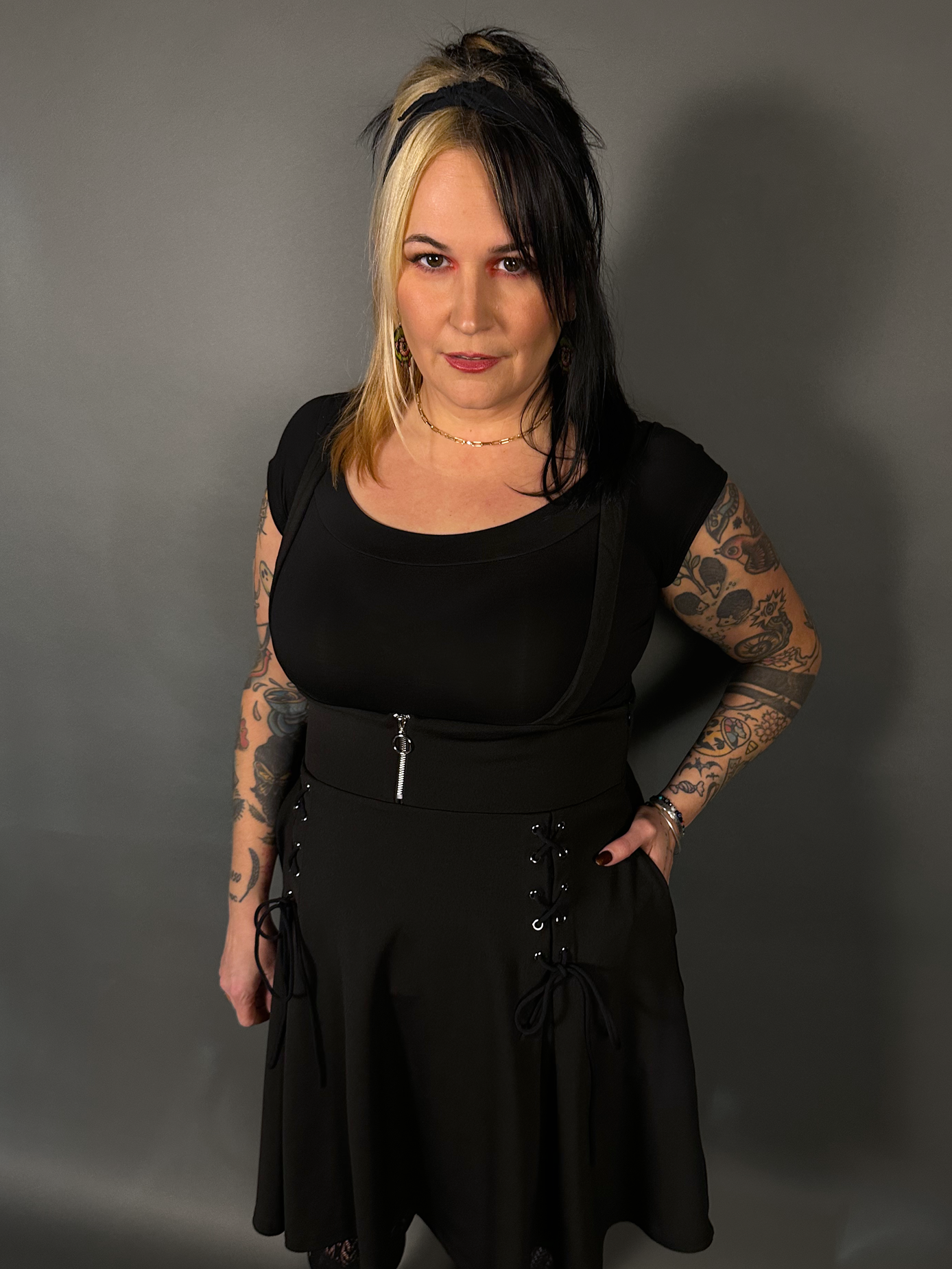 Outfit Set - Tommyrot High Waist Skirt with Shoulder Straps & Black Boat Neck Top by Retrolicious