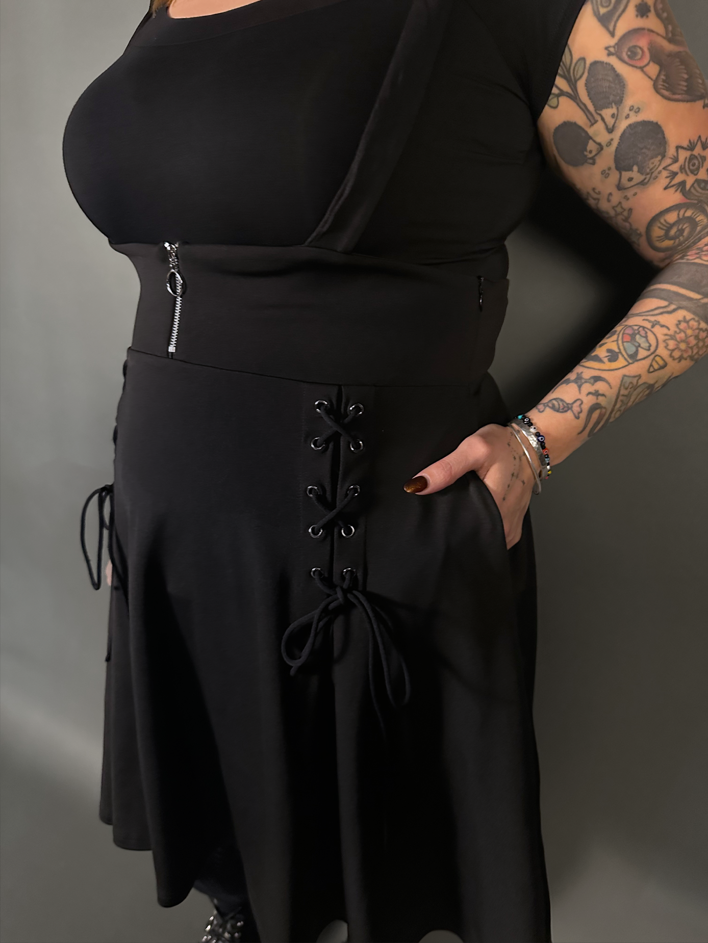Outfit Set - Tommyrot High Waist Skirt with Shoulder Straps & Black Boat Neck Top by Retrolicious
