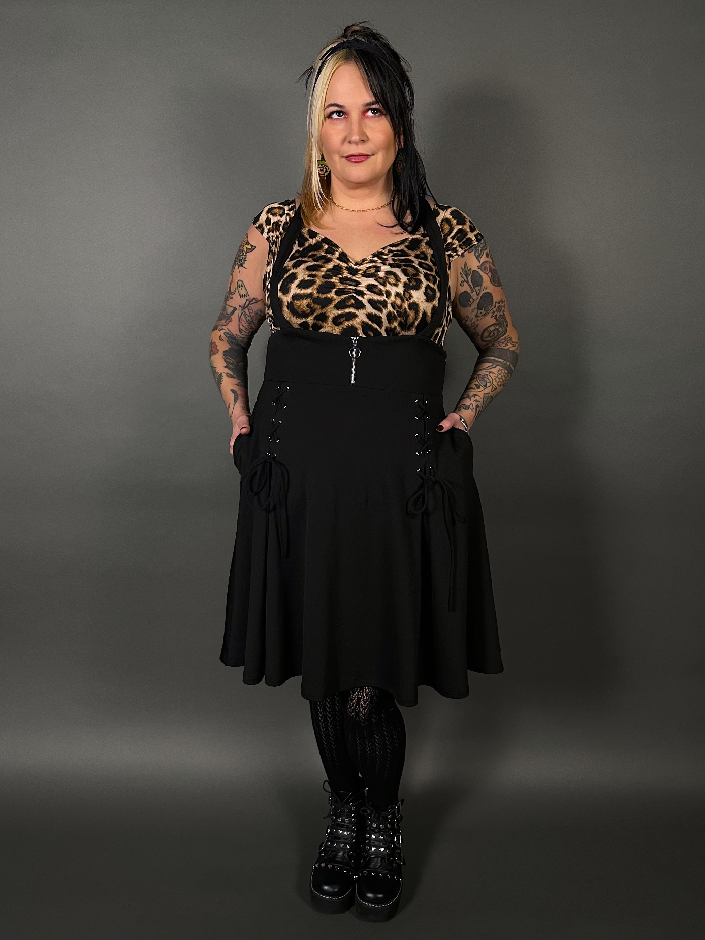 Outfit Set - Tommyrot High Waist Skirt with Shoulder Straps & Leopard Isabel Top by Retrolicious