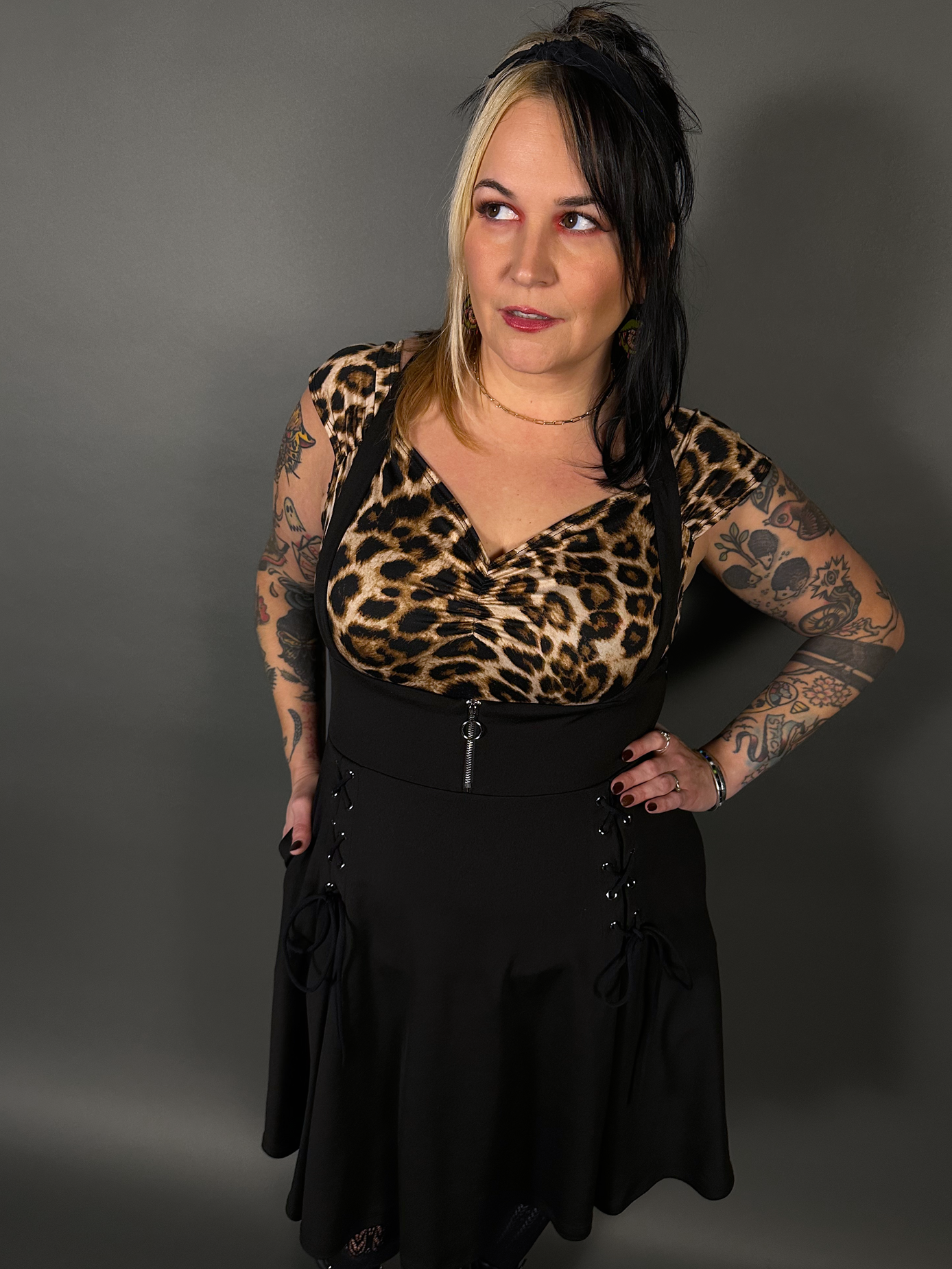 Outfit Set - Tommyrot High Waist Skirt with Shoulder Straps & Leopard Isabel Top by Retrolicious