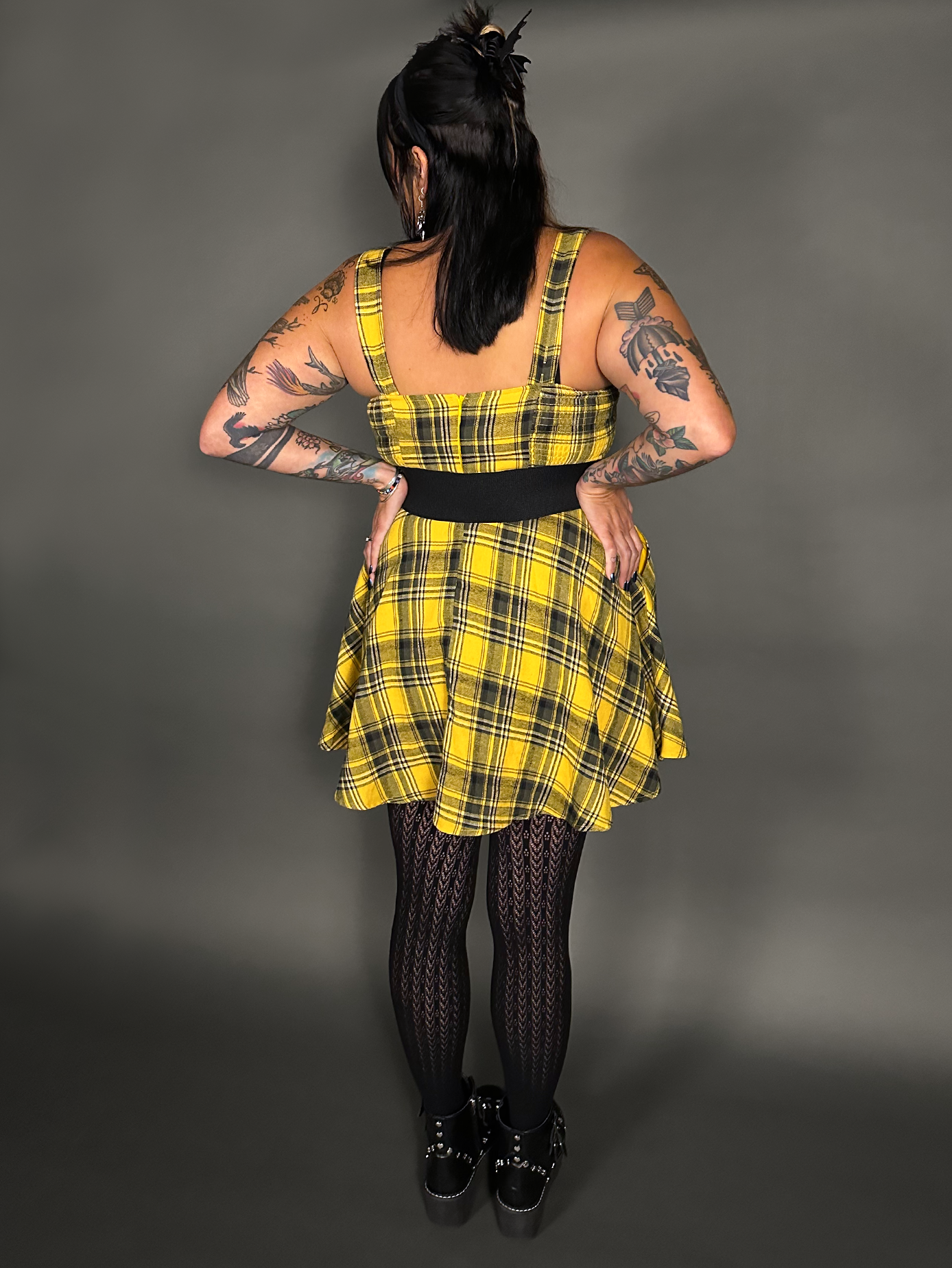 Outfit Set - Tommyrot Mustard Yellow Plaid Mini Swing Dress & Two Buckle Corset Belt