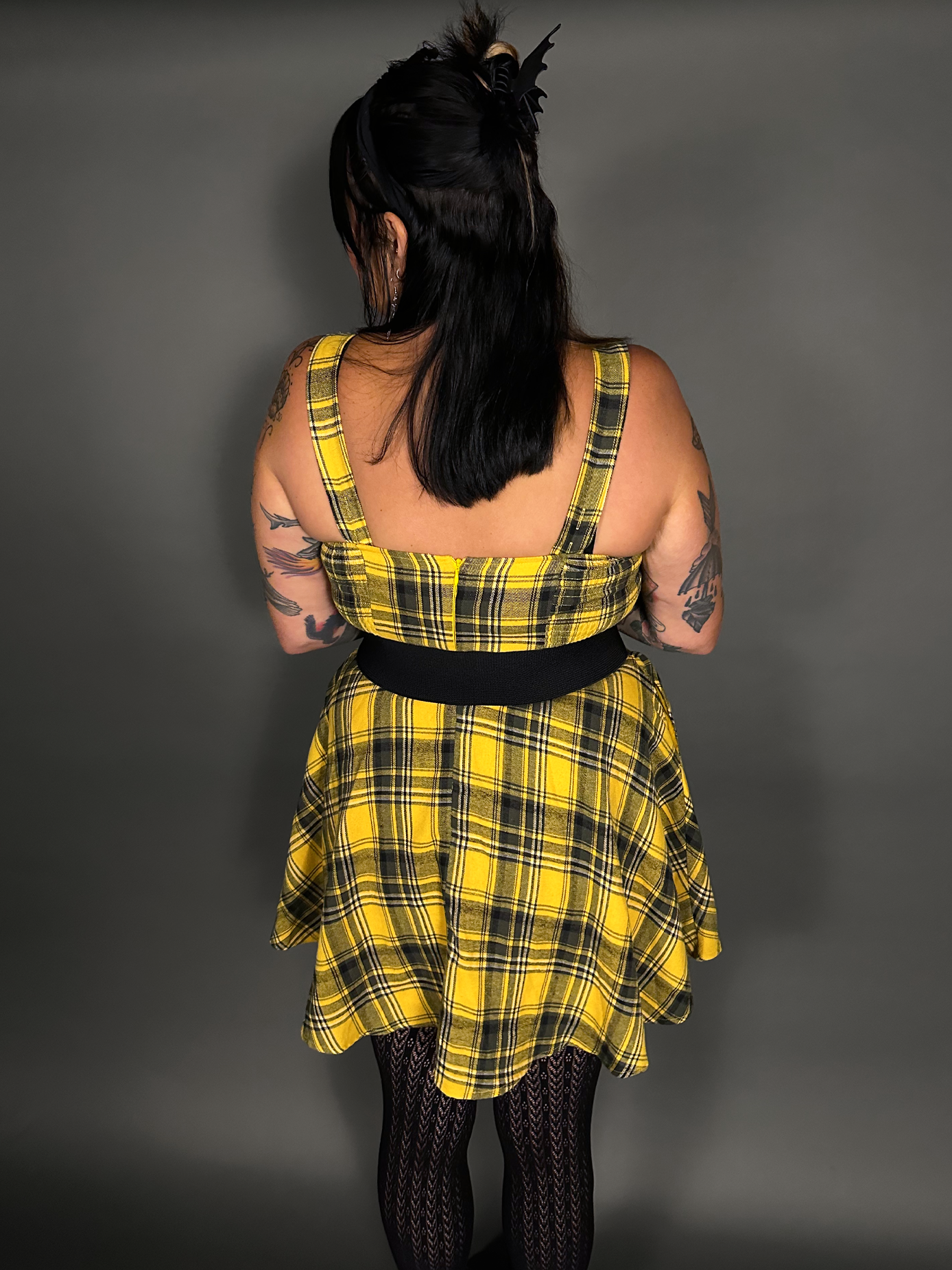 Outfit Set - Tommyrot Mustard Yellow Plaid Mini Swing Dress & Two Buckle Corset Belt
