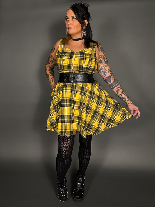 Outfit Set - Tommyrot Mustard Yellow Plaid Mini Swing Dress & Two Buckle Corset Belt