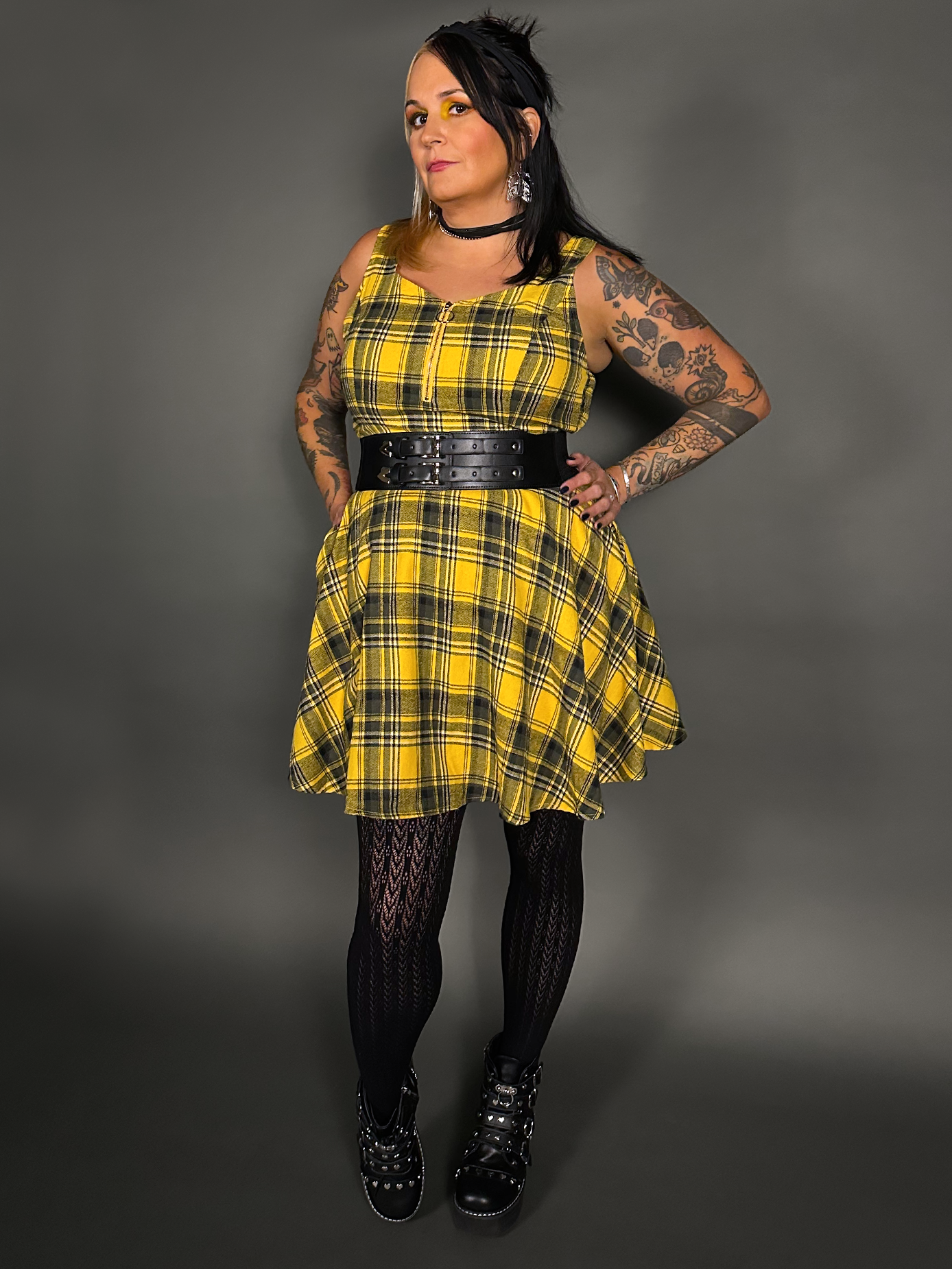 Outfit Set - Tommyrot Mustard Yellow Plaid Mini Swing Dress & Two Buckle Corset Belt