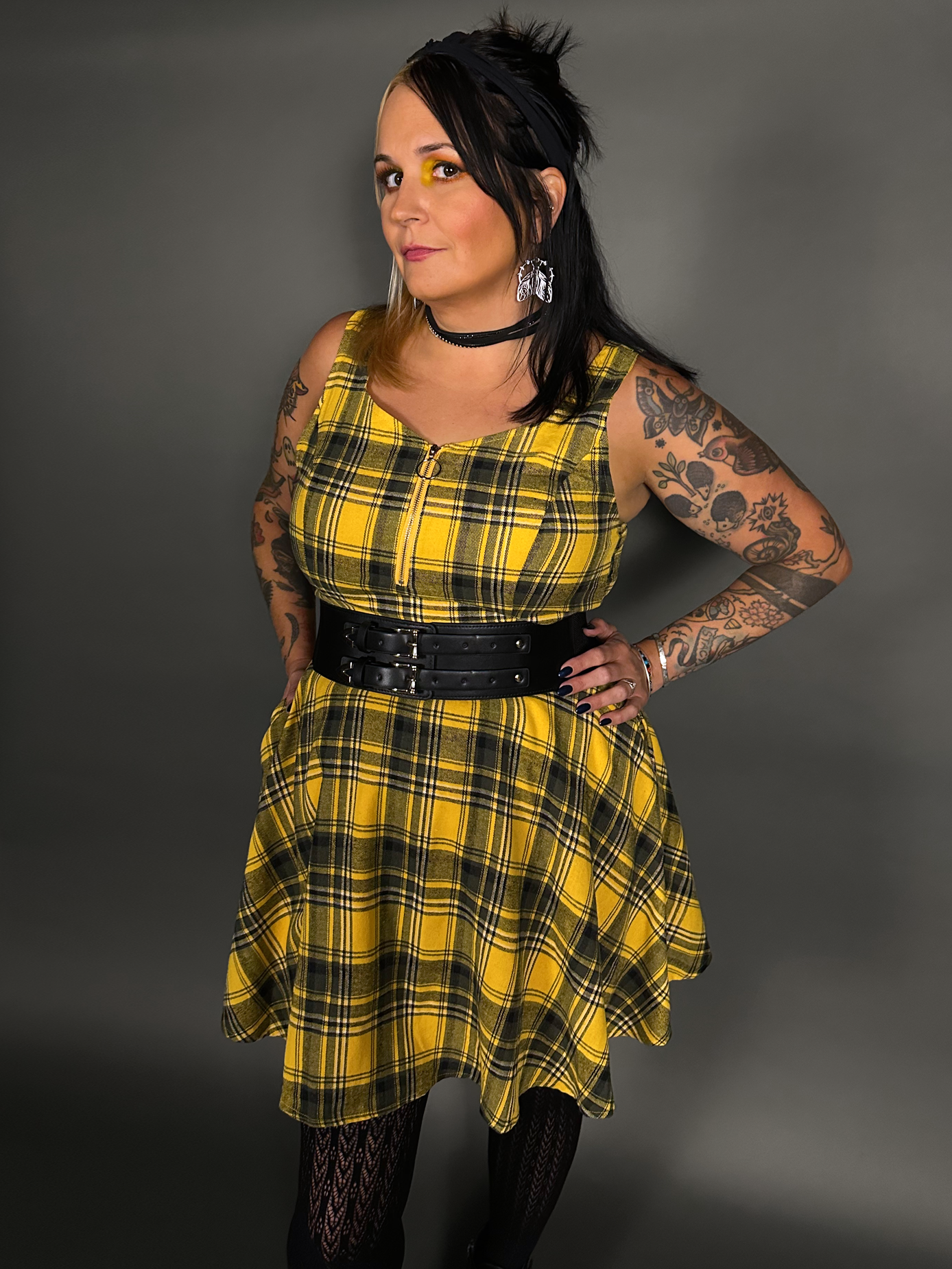 Outfit Set - Tommyrot Mustard Yellow Plaid Mini Swing Dress & Two Buckle Corset Belt