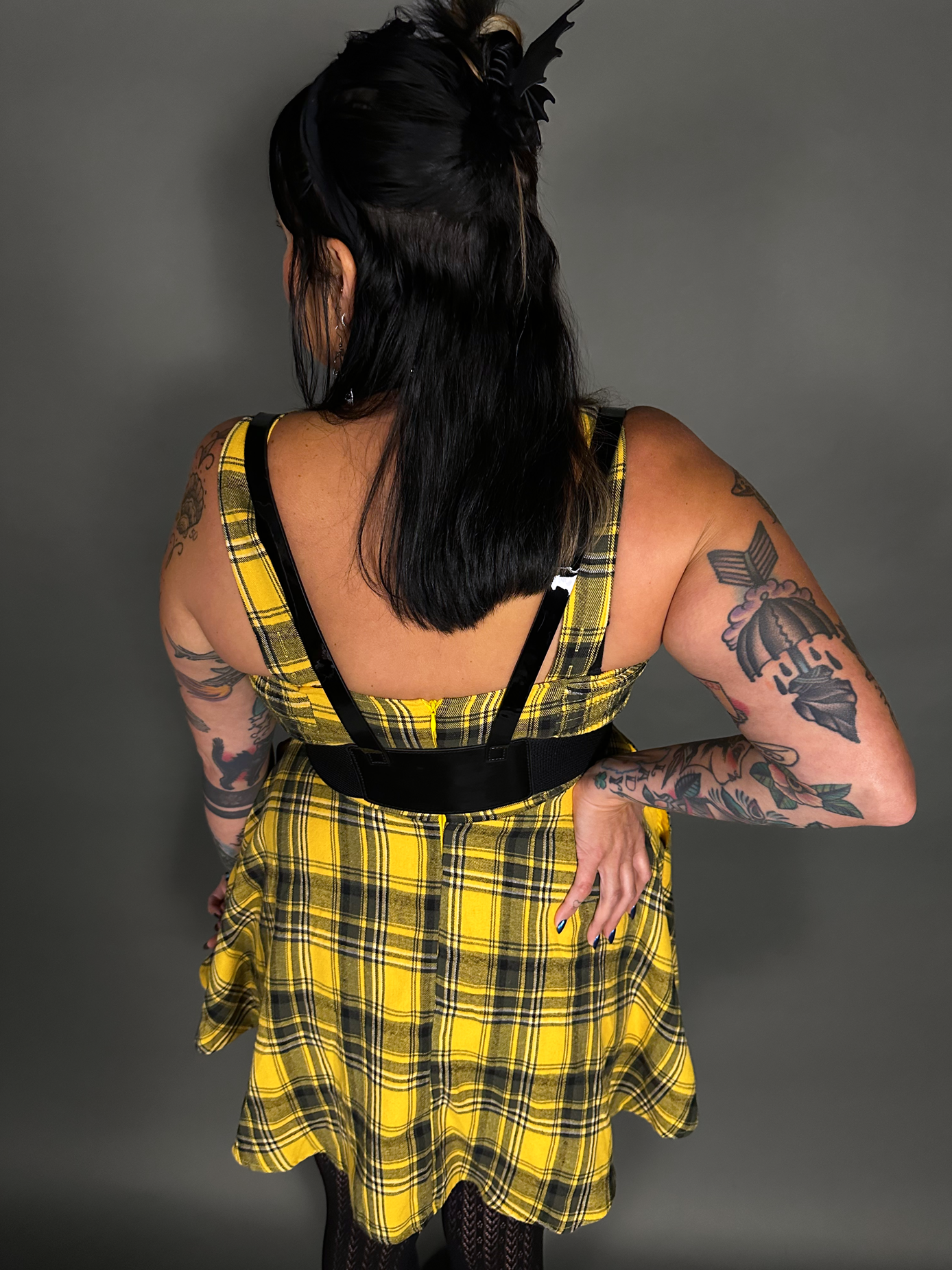 Outfit Set - Tommyrot Mustard Yellow Plaid Mini Swing Dress & Vegan Patent Leather Harness