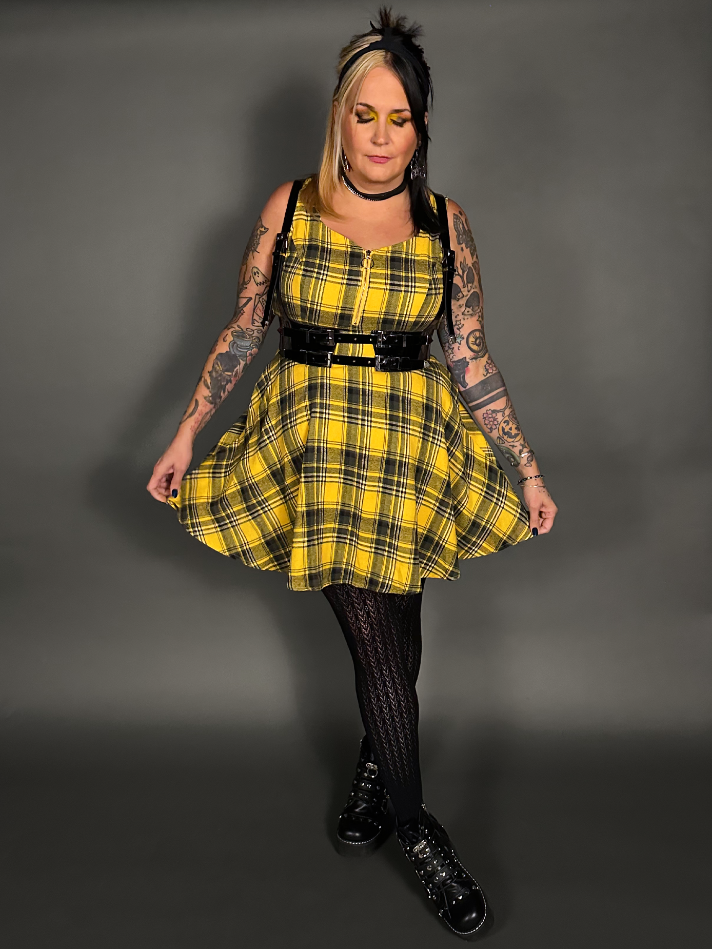 Outfit Set - Tommyrot Mustard Yellow Plaid Mini Swing Dress & Vegan Patent Leather Harness