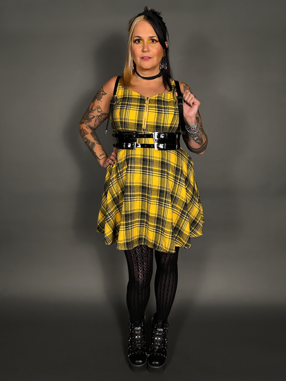Outfit Set - Tommyrot Mustard Yellow Plaid Mini Swing Dress & Vegan Patent Leather Harness