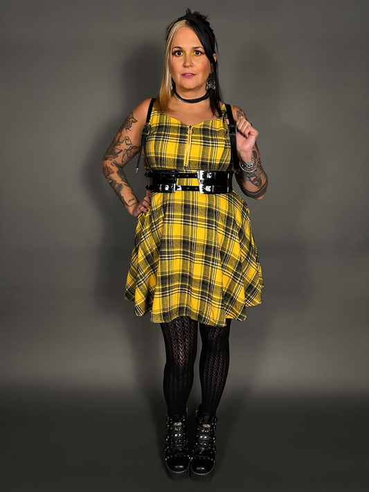 Outfit Set - Tommyrot Mustard Yellow Plaid Mini Swing Dress & Vegan Patent Leather Harness