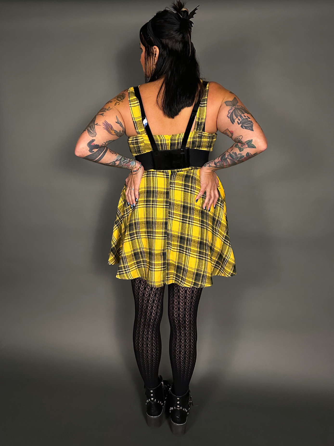 Outfit Set - Tommyrot Mustard Yellow Plaid Mini Swing Dress & Vegan Patent Leather Harness