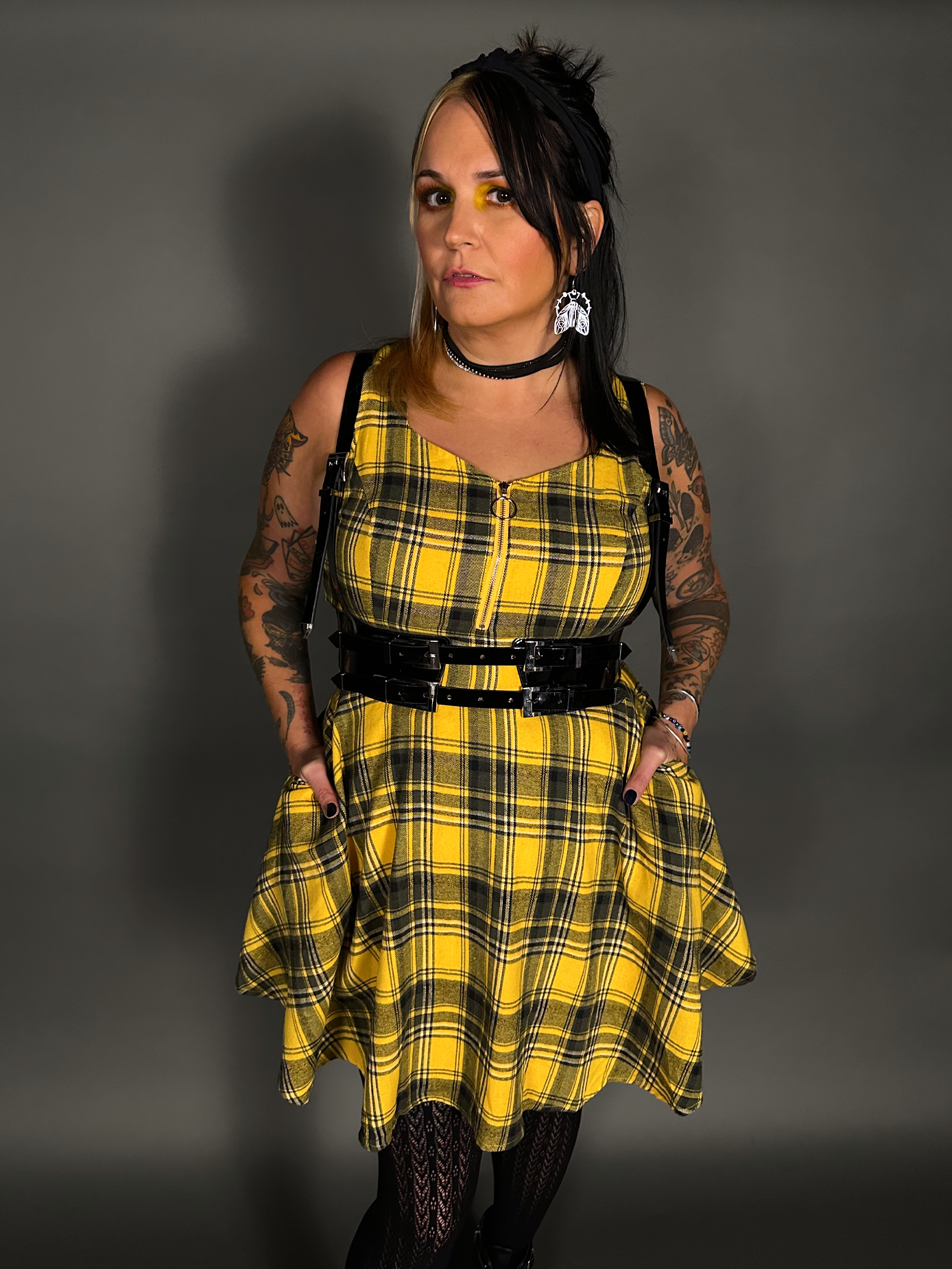 Outfit Set - Tommyrot Mustard Yellow Plaid Mini Swing Dress & Vegan Patent Leather Harness