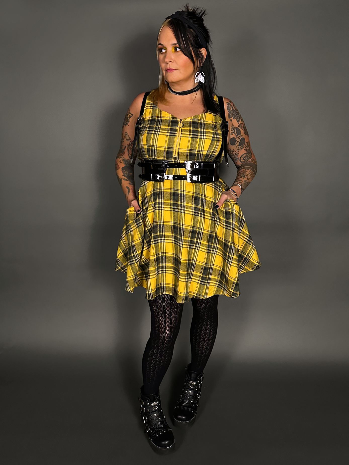 Outfit Set - Tommyrot Mustard Yellow Plaid Mini Swing Dress & Vegan Patent Leather Harness