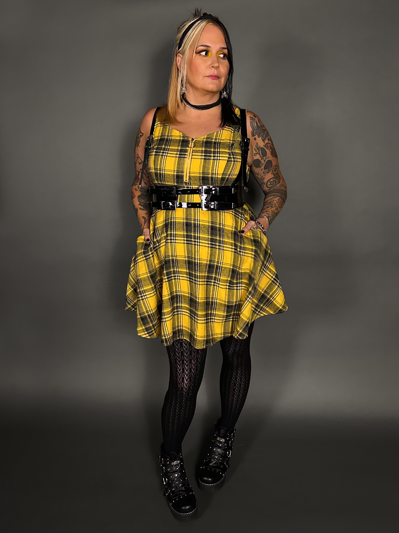 Outfit Set - Tommyrot Mustard Yellow Plaid Mini Swing Dress & Vegan Patent Leather Harness