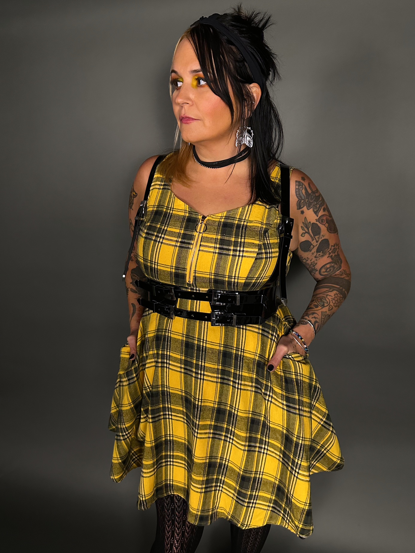 Outfit Set - Tommyrot Mustard Yellow Plaid Mini Swing Dress & Vegan Patent Leather Harness