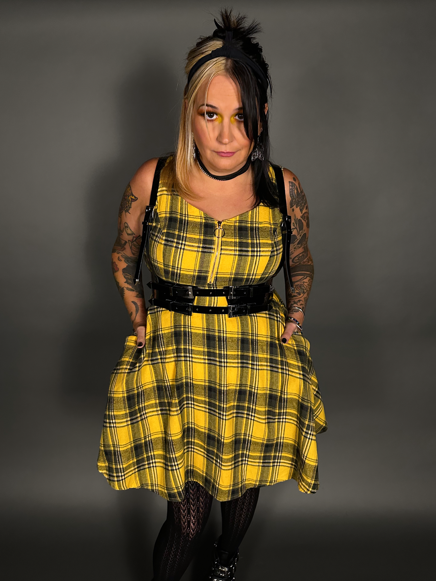 Outfit Set - Tommyrot Mustard Yellow Plaid Mini Swing Dress & Vegan Patent Leather Harness