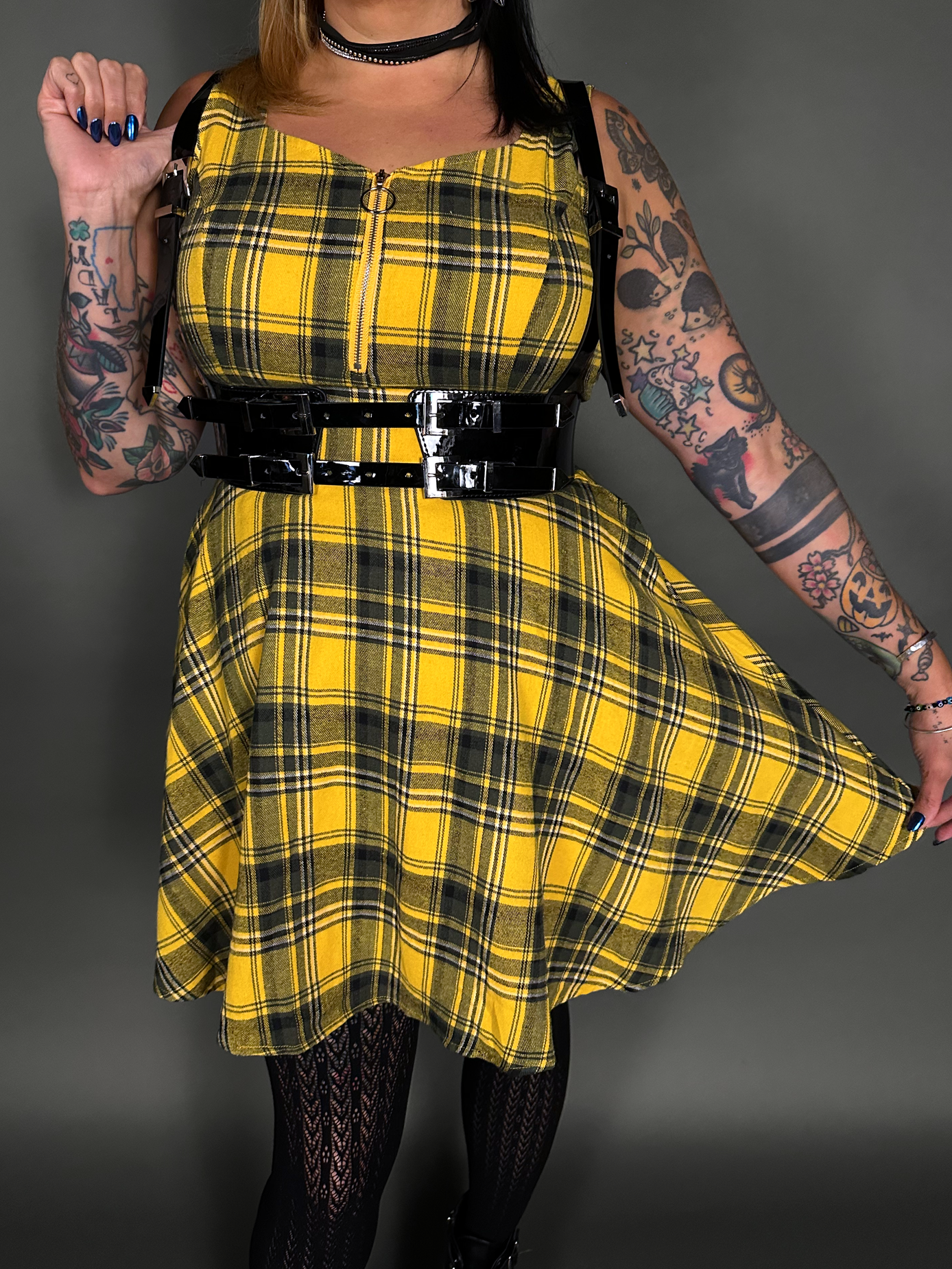 Outfit Set - Tommyrot Mustard Yellow Plaid Mini Swing Dress & Vegan Patent Leather Harness