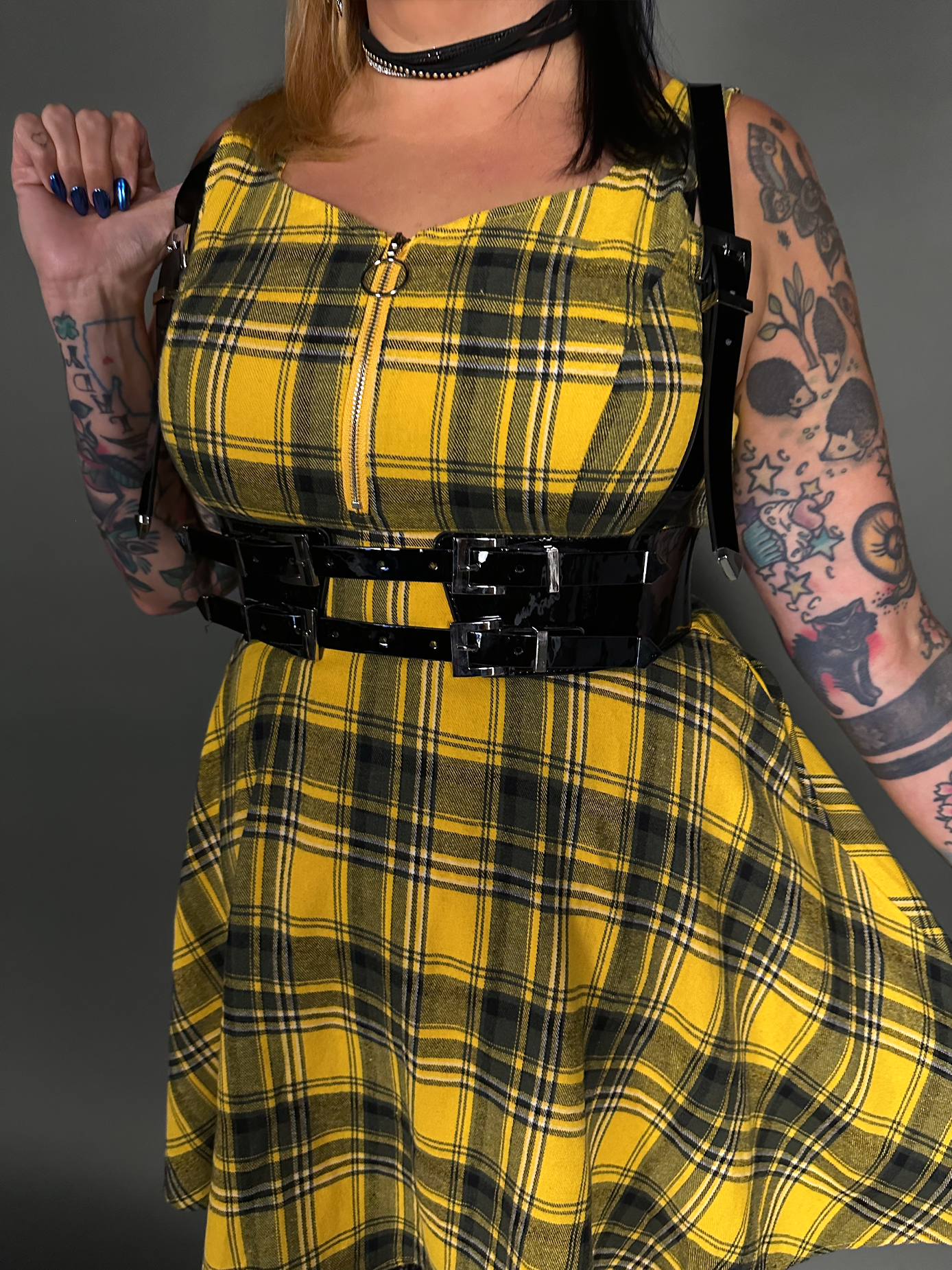 Outfit Set - Tommyrot Mustard Yellow Plaid Mini Swing Dress & Vegan Patent Leather Harness