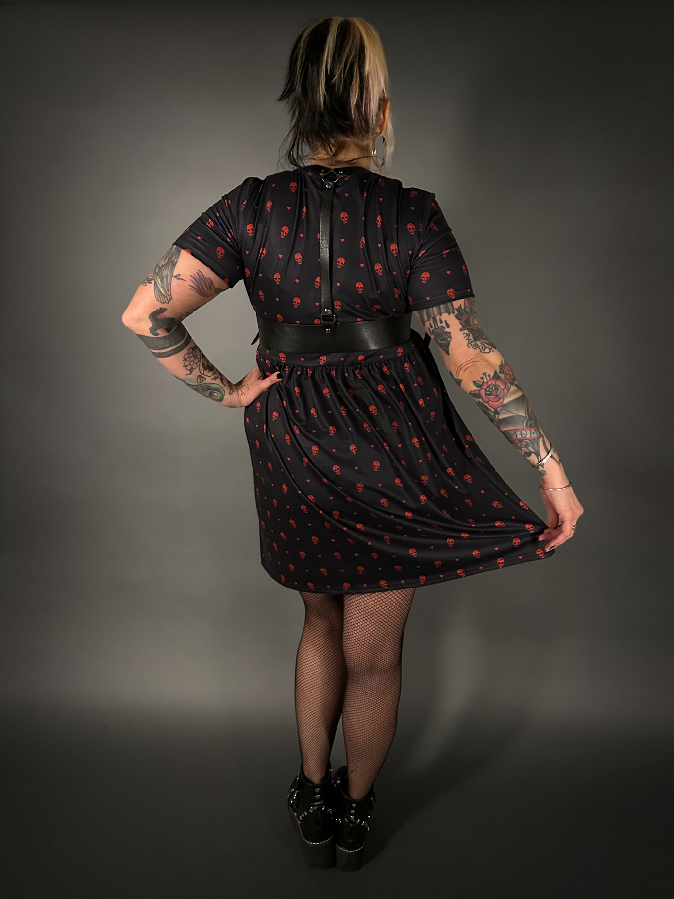 Outfit Set - Tommyrot "Hearts & Skulls" Skater Dress & Black Shoulder Harness Belt