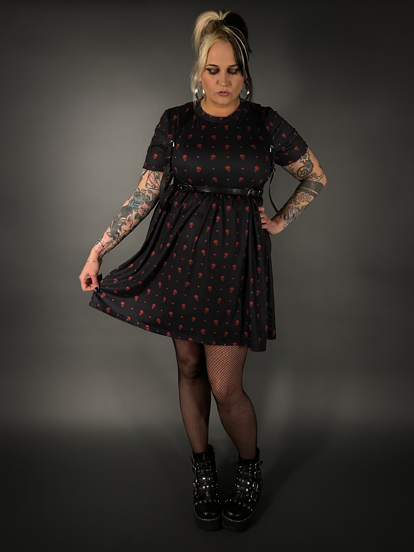 Outfit Set - Tommyrot "Hearts & Skulls" Skater Dress & Black Shoulder Harness Belt