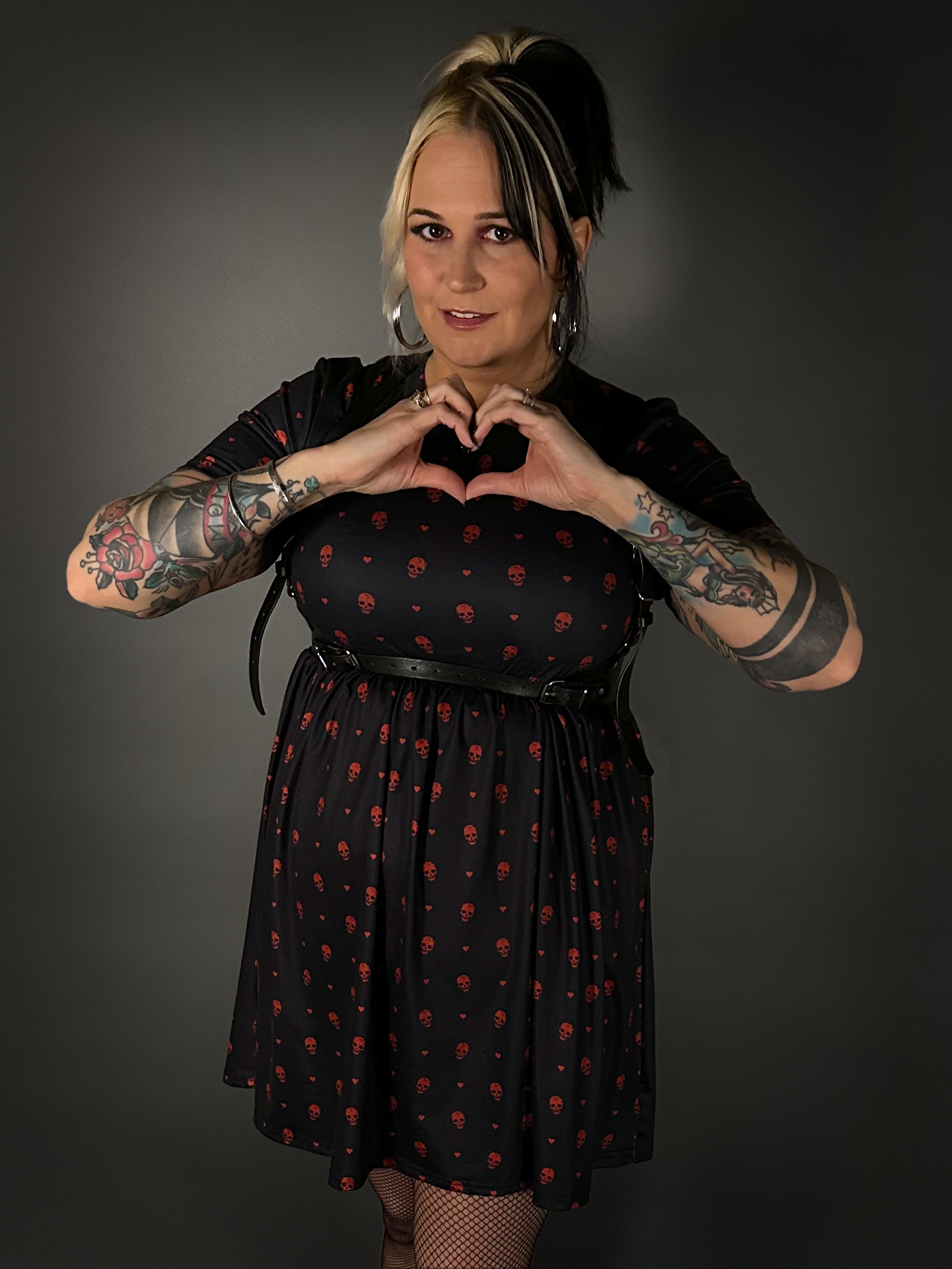 Outfit Set - Tommyrot "Hearts & Skulls" Skater Dress & Black Shoulder Harness Belt