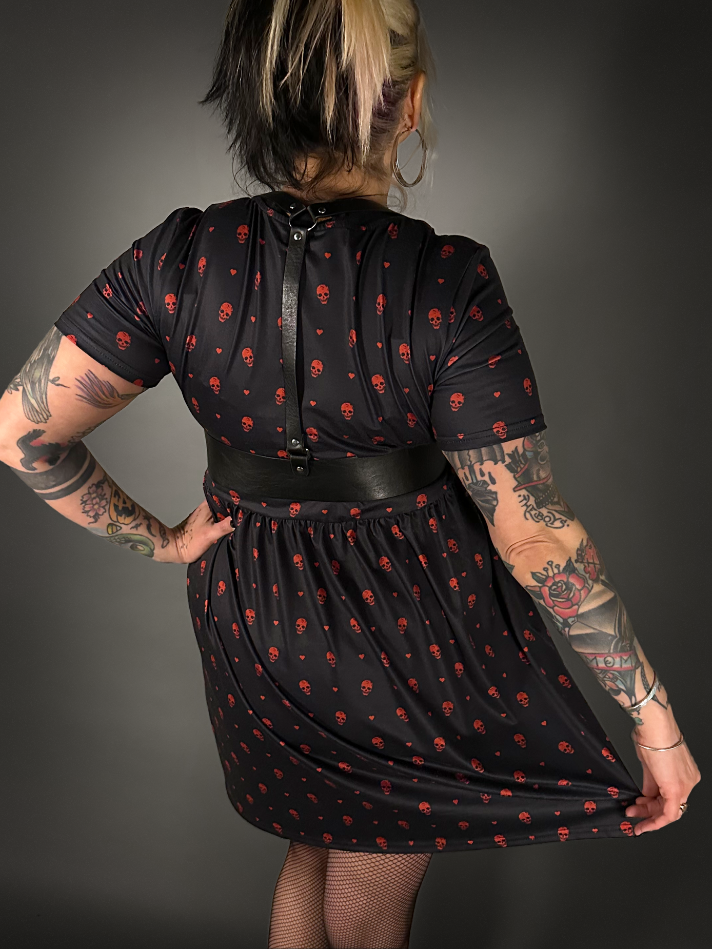 Outfit Set - Tommyrot "Hearts & Skulls" Skater Dress & Black Shoulder Harness Belt