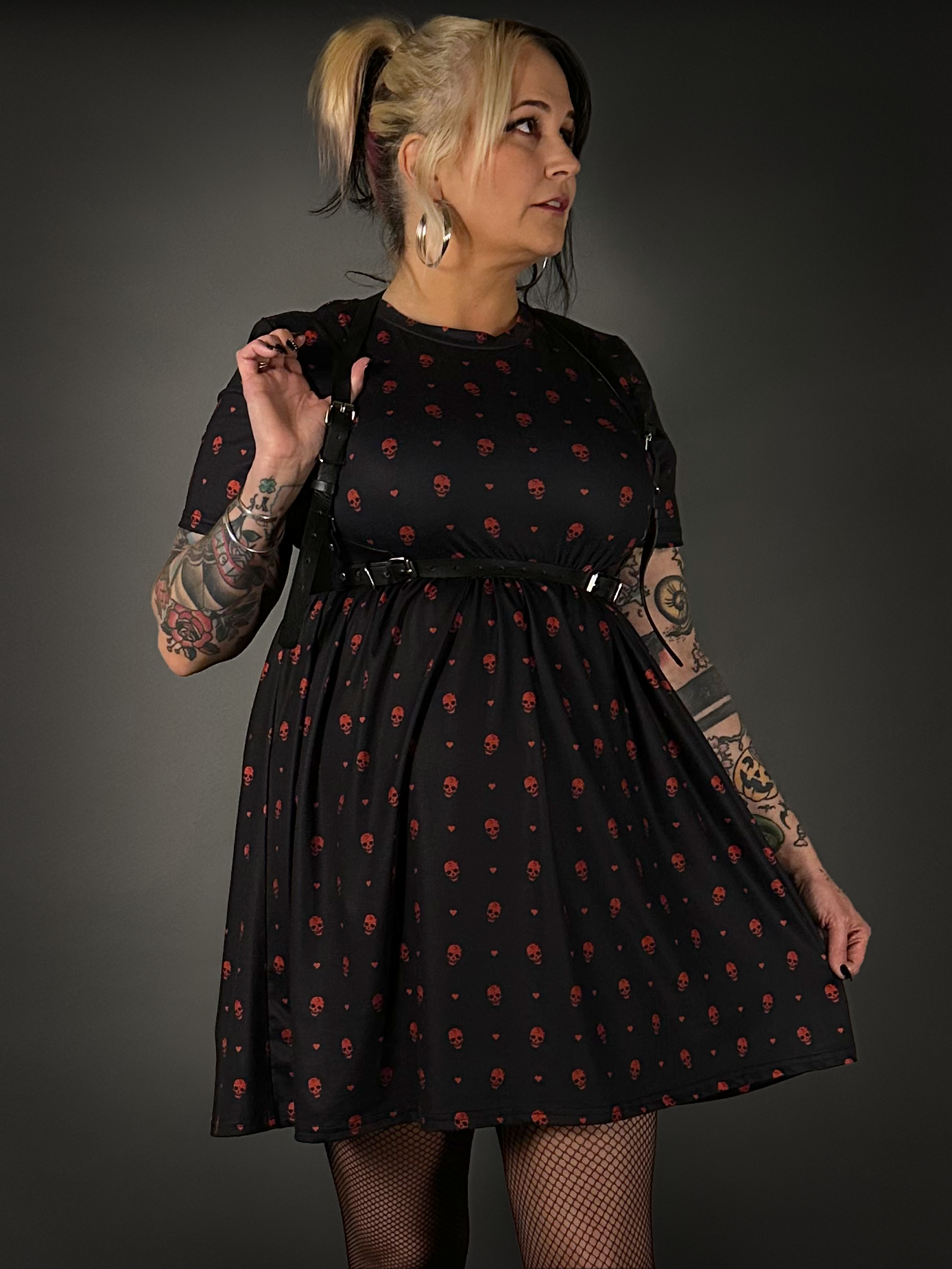 Outfit Set - Tommyrot "Hearts & Skulls" Skater Dress & Black Shoulder Harness Belt