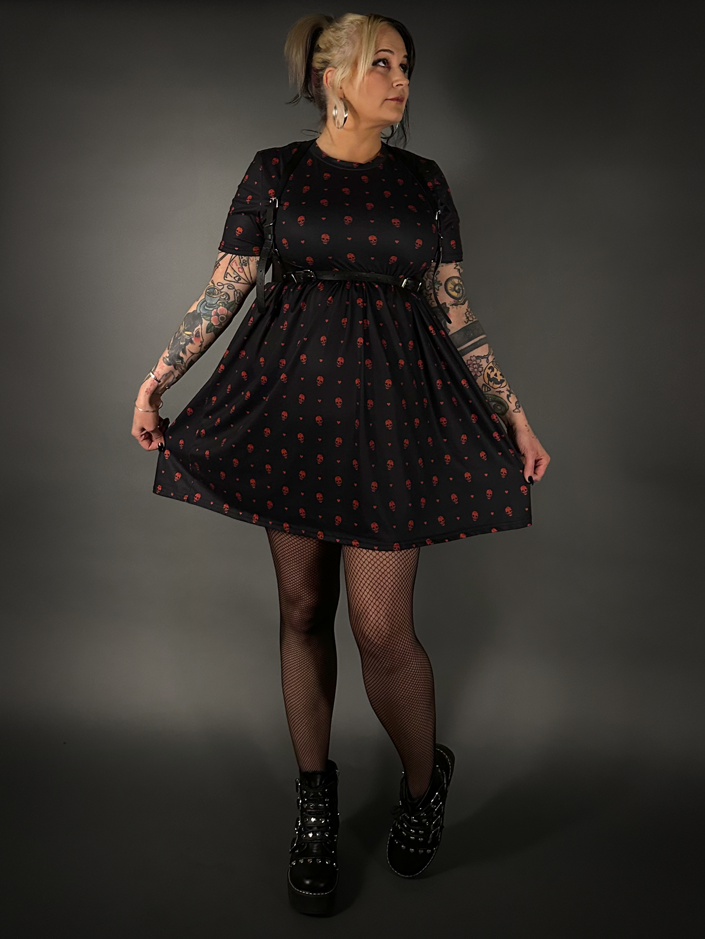 Outfit Set - Tommyrot "Hearts & Skulls" Skater Dress & Black Shoulder Harness Belt