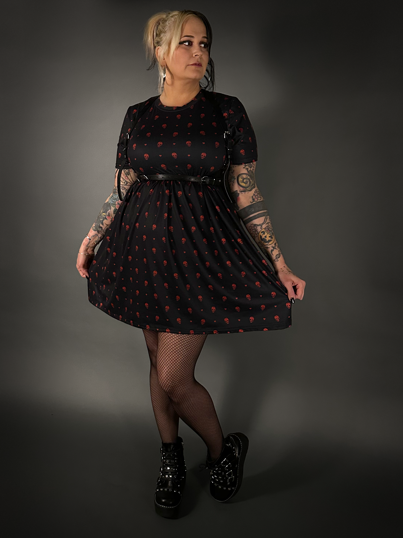 Outfit Set - Tommyrot "Hearts & Skulls" Skater Dress & Black Shoulder Harness Belt