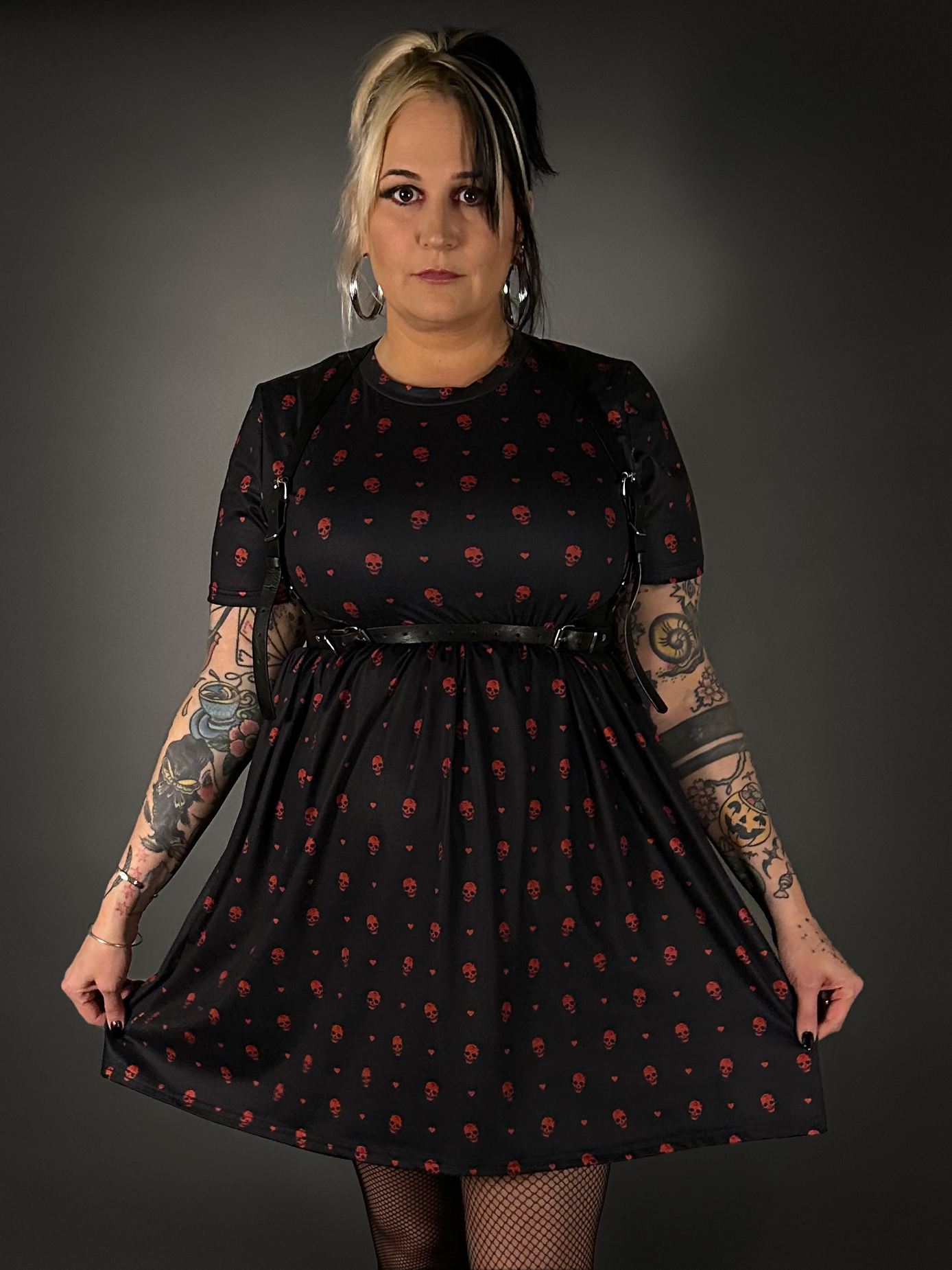 Outfit Set - Tommyrot "Hearts & Skulls" Skater Dress & Black Shoulder Harness Belt