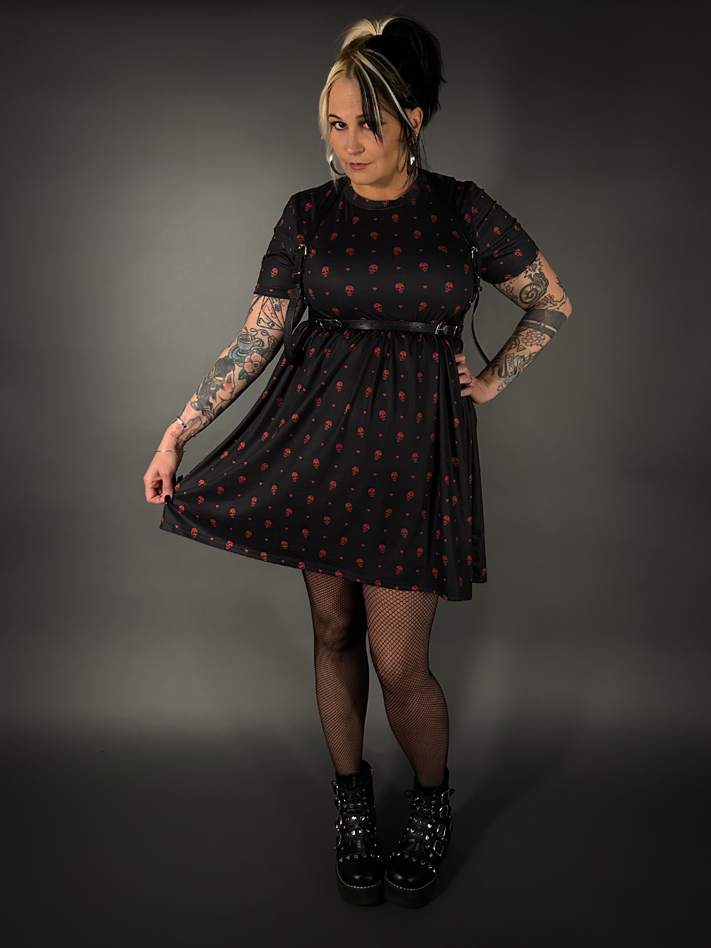 Outfit Set - Tommyrot "Hearts & Skulls" Skater Dress & Black Shoulder Harness Belt