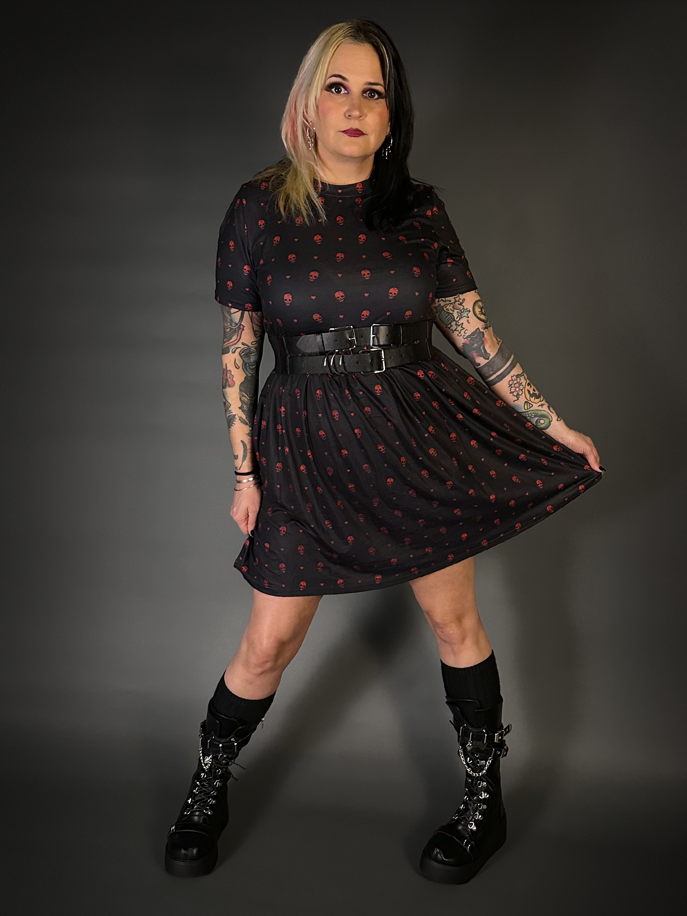 Outfit Set - Tommyrot "Hearts & Skulls" Skater Dress & Double Strap Corset Belt