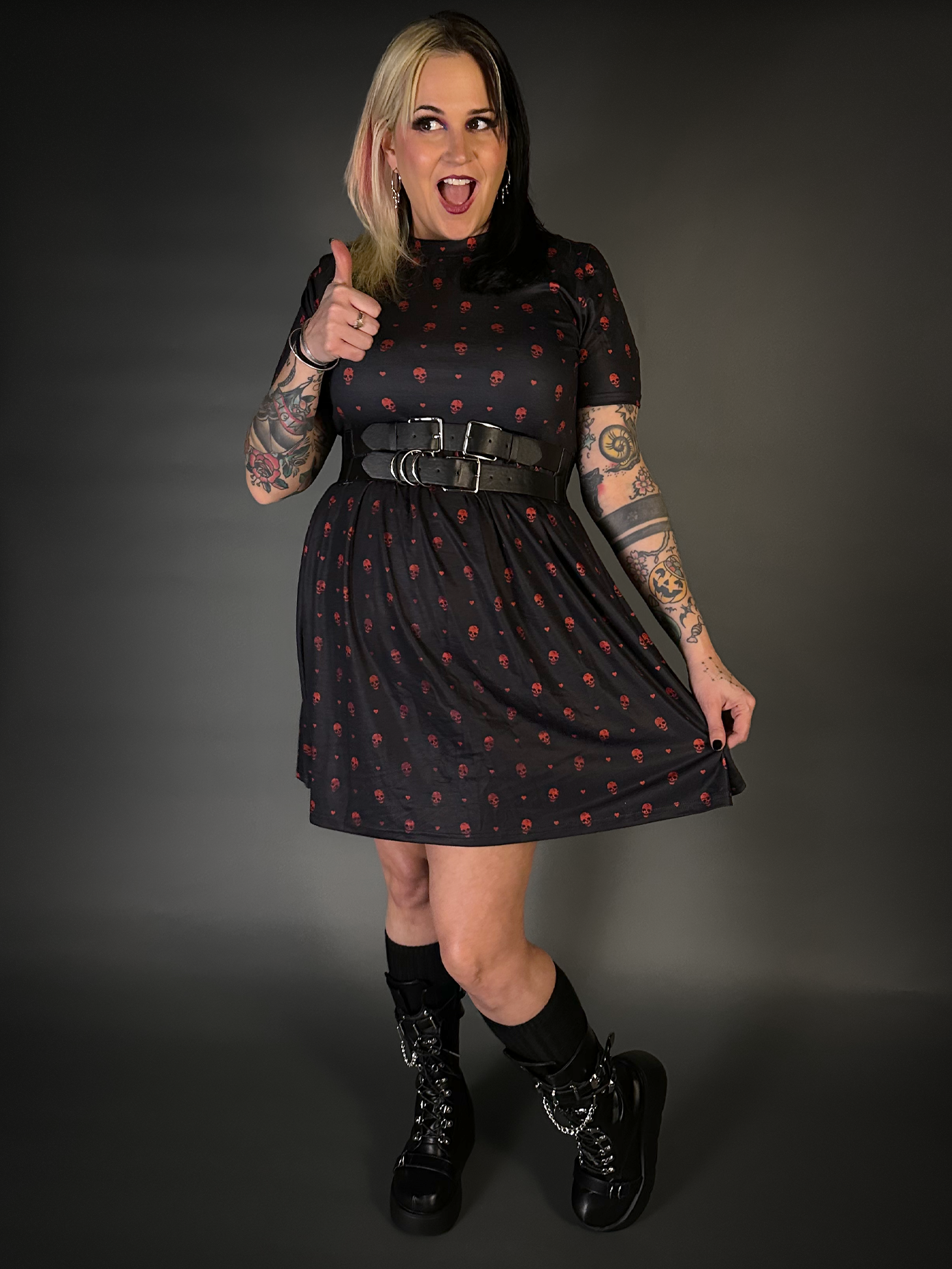 Outfit Set - Tommyrot "Hearts & Skulls" Skater Dress & Double Strap Corset Belt