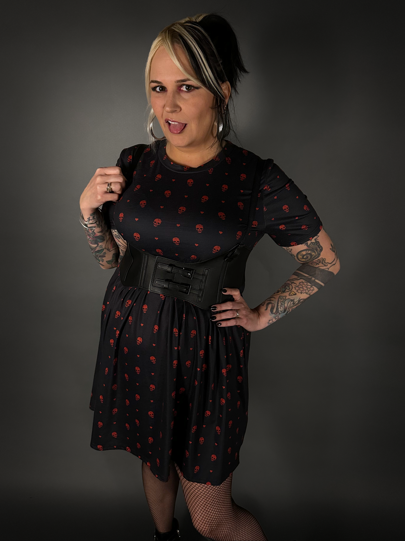 Outfit Set - Tommyrot "Hearts & Skulls" Skater Dress & Underbust Harness Corset Belt