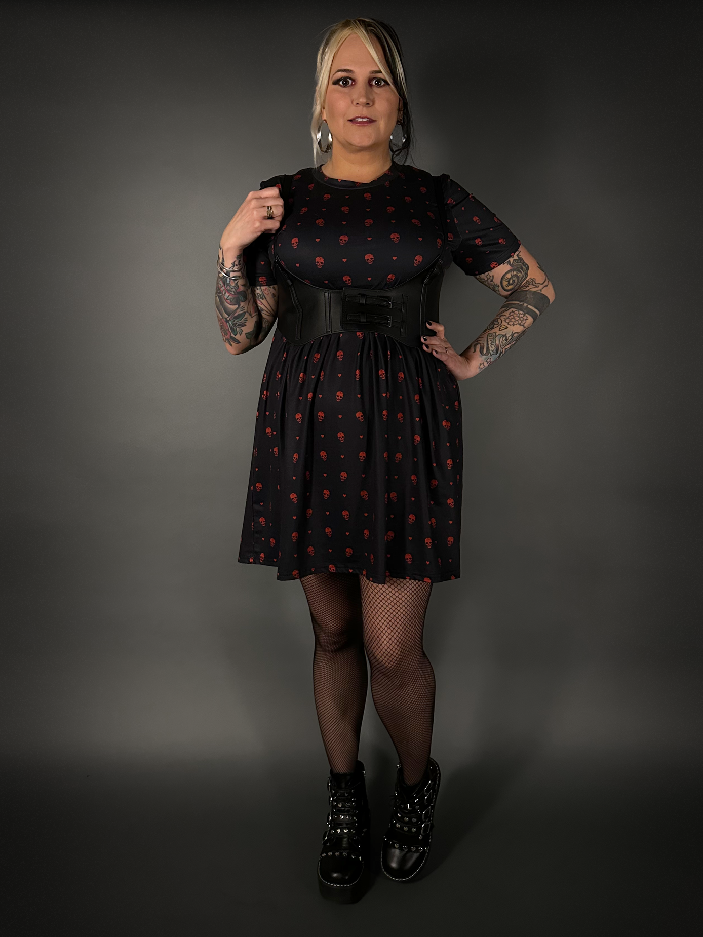 Outfit Set - Tommyrot "Hearts & Skulls" Skater Dress & Underbust Harness Corset Belt