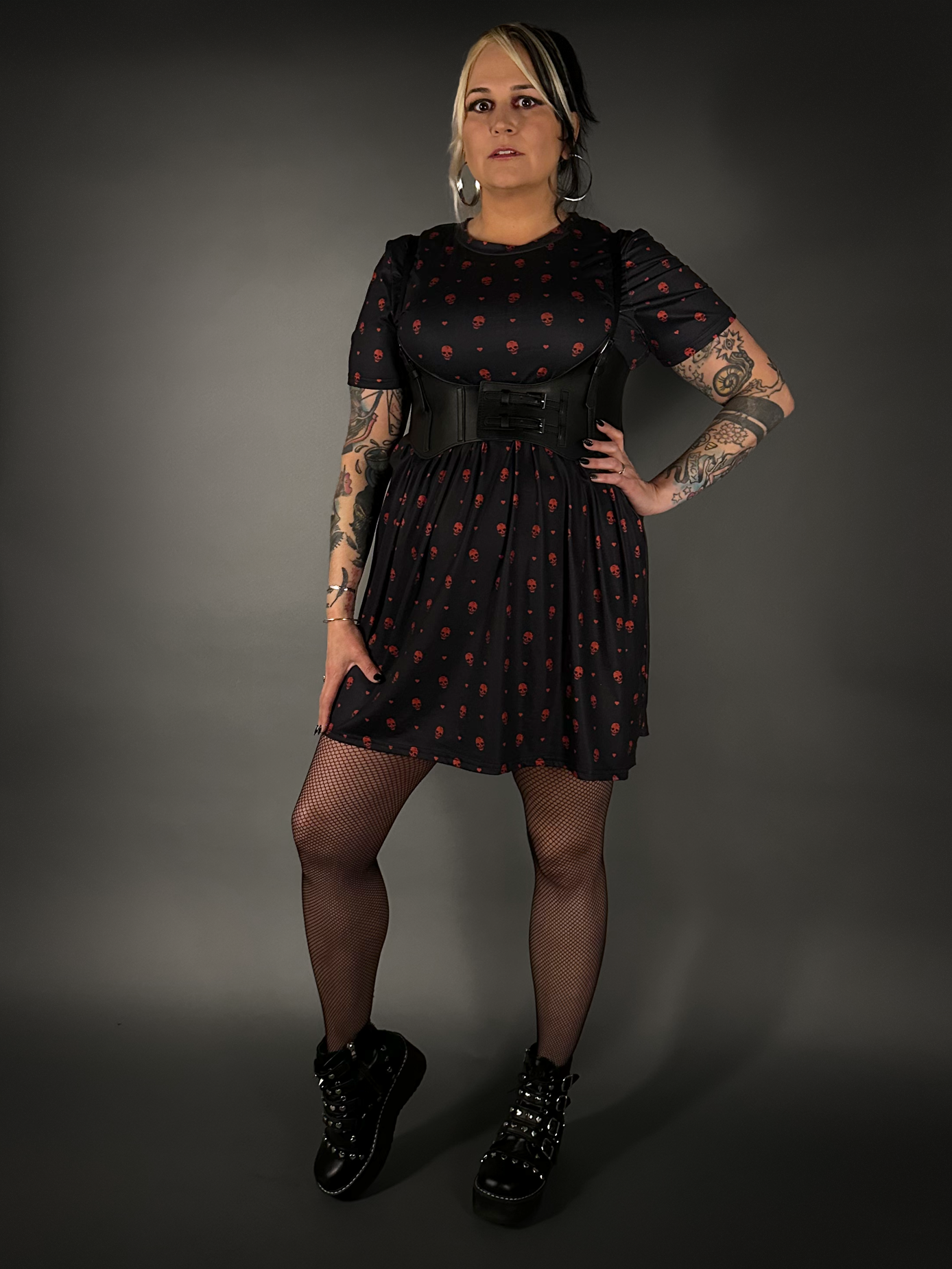 Outfit Set - Tommyrot "Hearts & Skulls" Skater Dress & Underbust Harness Corset Belt