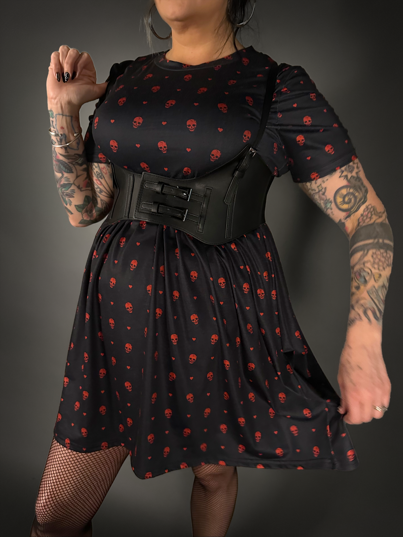 Outfit Set - Tommyrot "Hearts & Skulls" Skater Dress & Underbust Harness Corset Belt