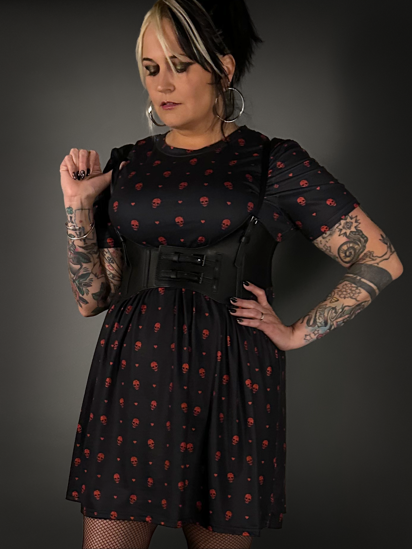 Outfit Set - Tommyrot "Hearts & Skulls" Skater Dress & Underbust Harness Corset Belt